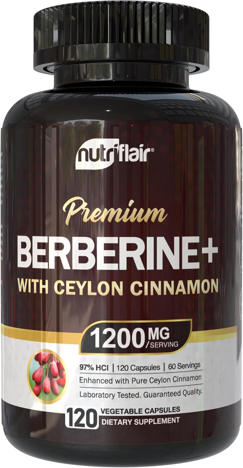 NutriFlair Berberine 97% HCl with Ceylon Cinnamon Supplement, 120 Capsules – High Potency, Premium Quality, Vegan-Friendly – 60 Servings