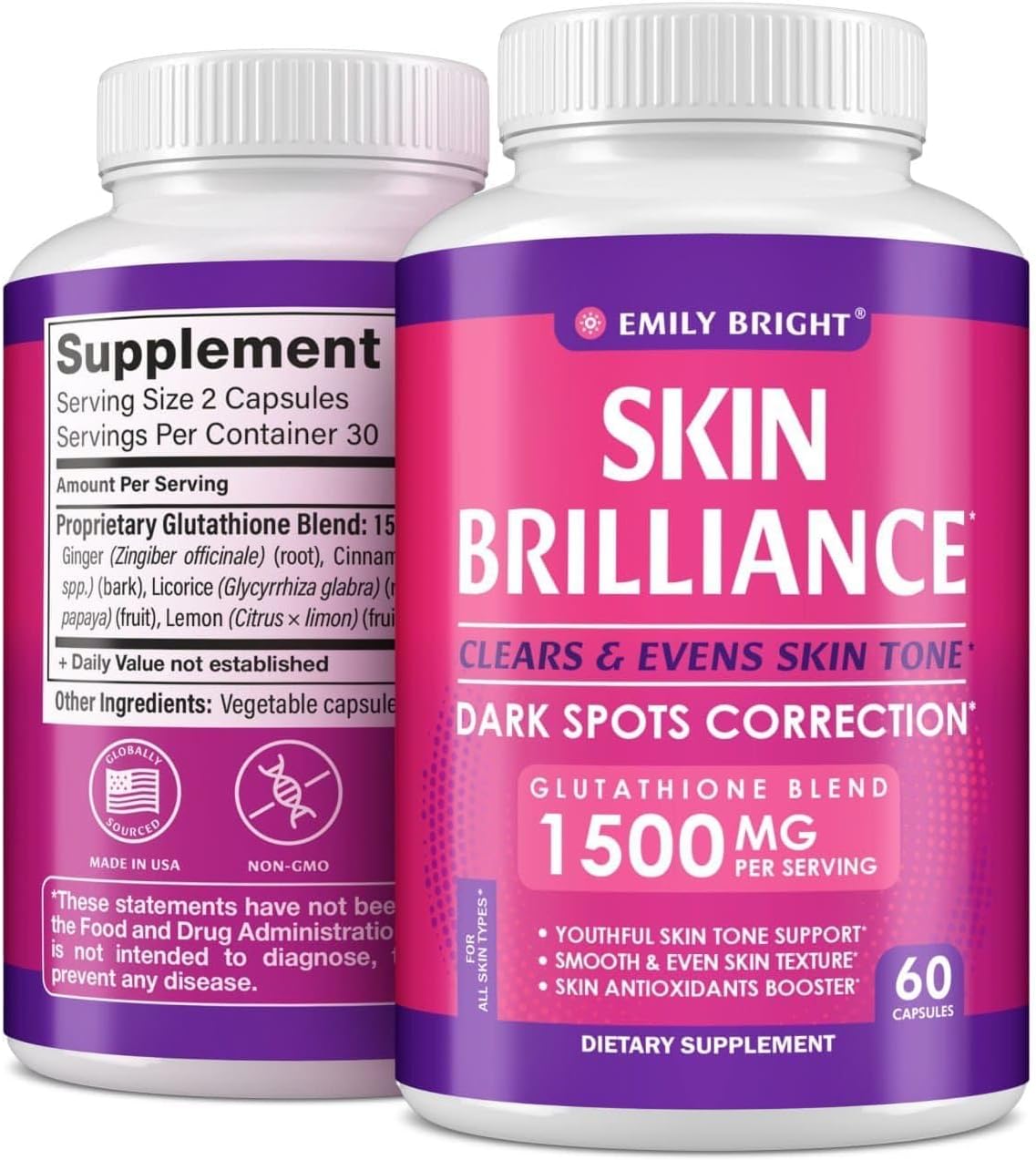 Glutathione Capsules - 1,500mcg Glutathione Supplement - Skin Tone Enhancer - Targets Dark Spots & Acne Marks - Potent Antioxidant - 60 Capsules