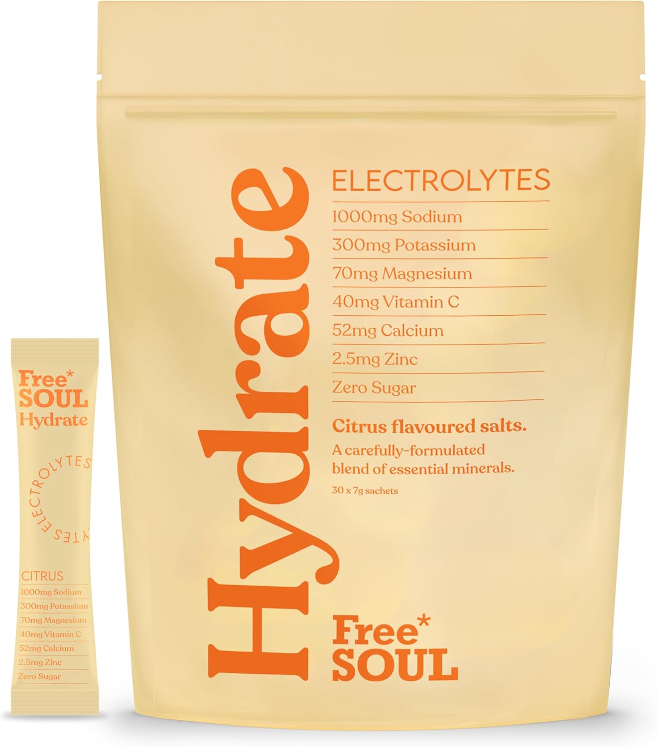 Free Soul Hydrate | Electrolyte Hydration Sachets with Sodium, Magnesium, Vitamin C, & More | Zero Sugar, Advanced Electrolyte Powder for Daily Use | Citrus Salt Flavour | 30 Sachets
