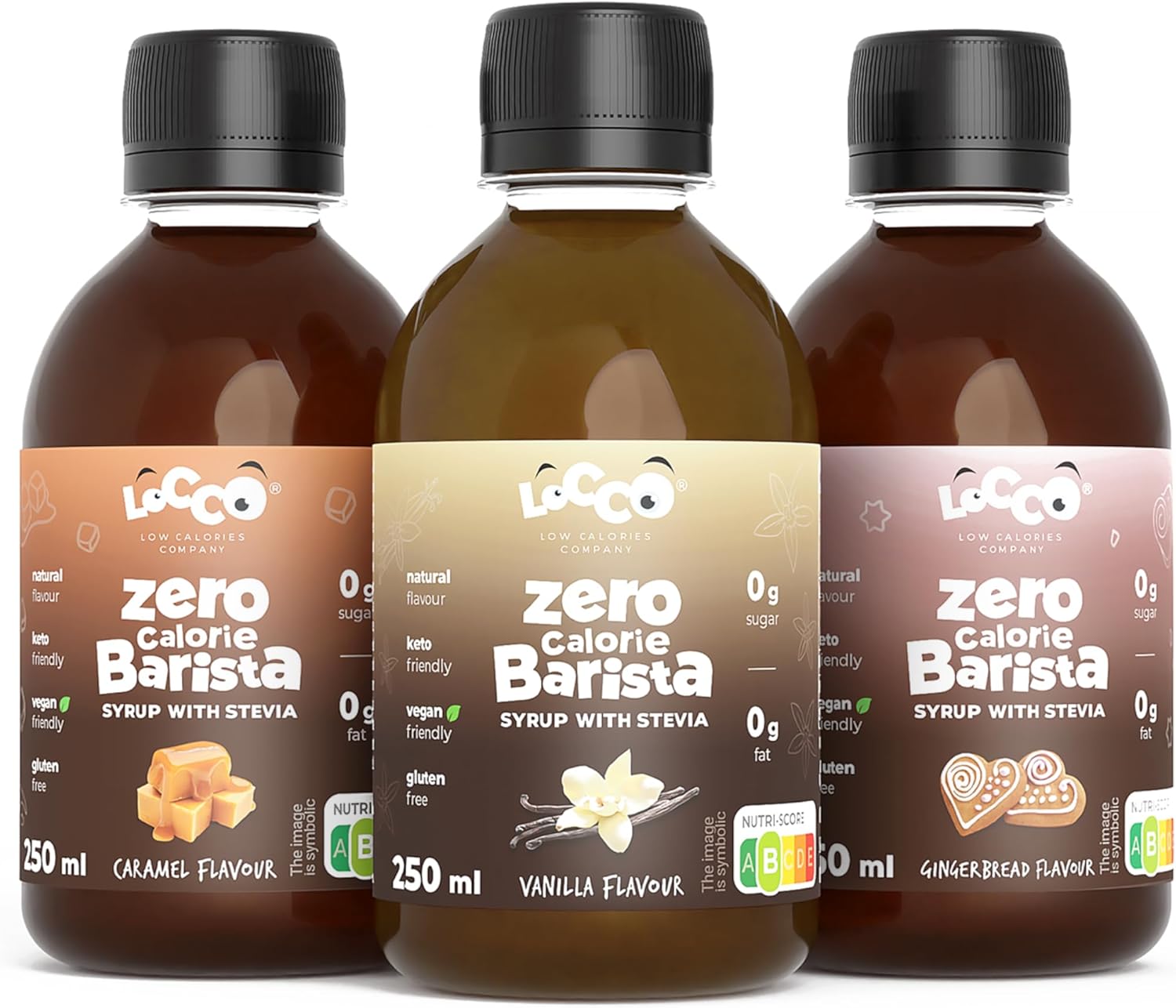 Locco Sugar Free Coffee Syrup Trio with Vanilla, Caramel & Gingerbread - Zero Calorie Barista Syrups for Drinks & Desserts, Sweetened with Stevia & Sucralose 3x250ml