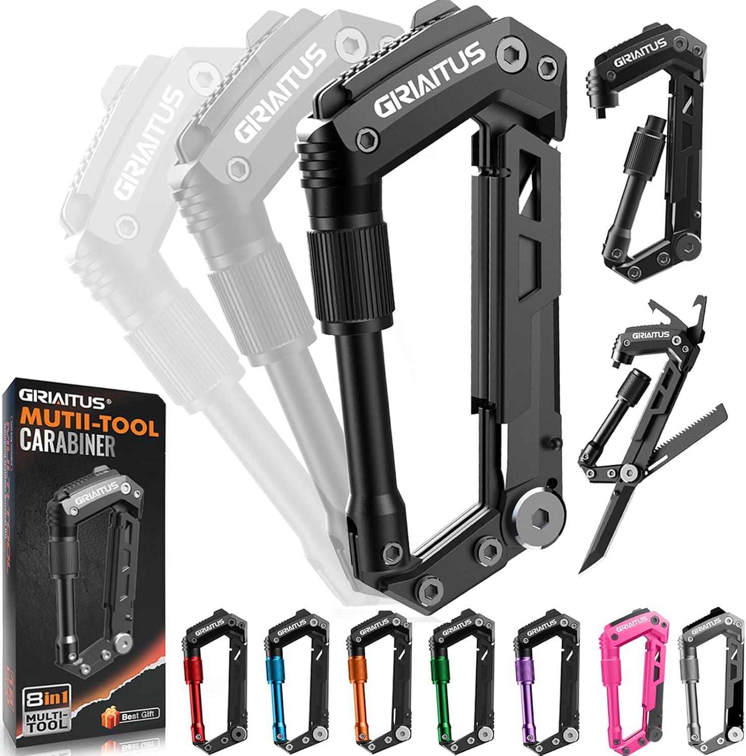 Carabiner Multitool 8-in-1 EDC Carabiners Pocket Knife for Camping, Black