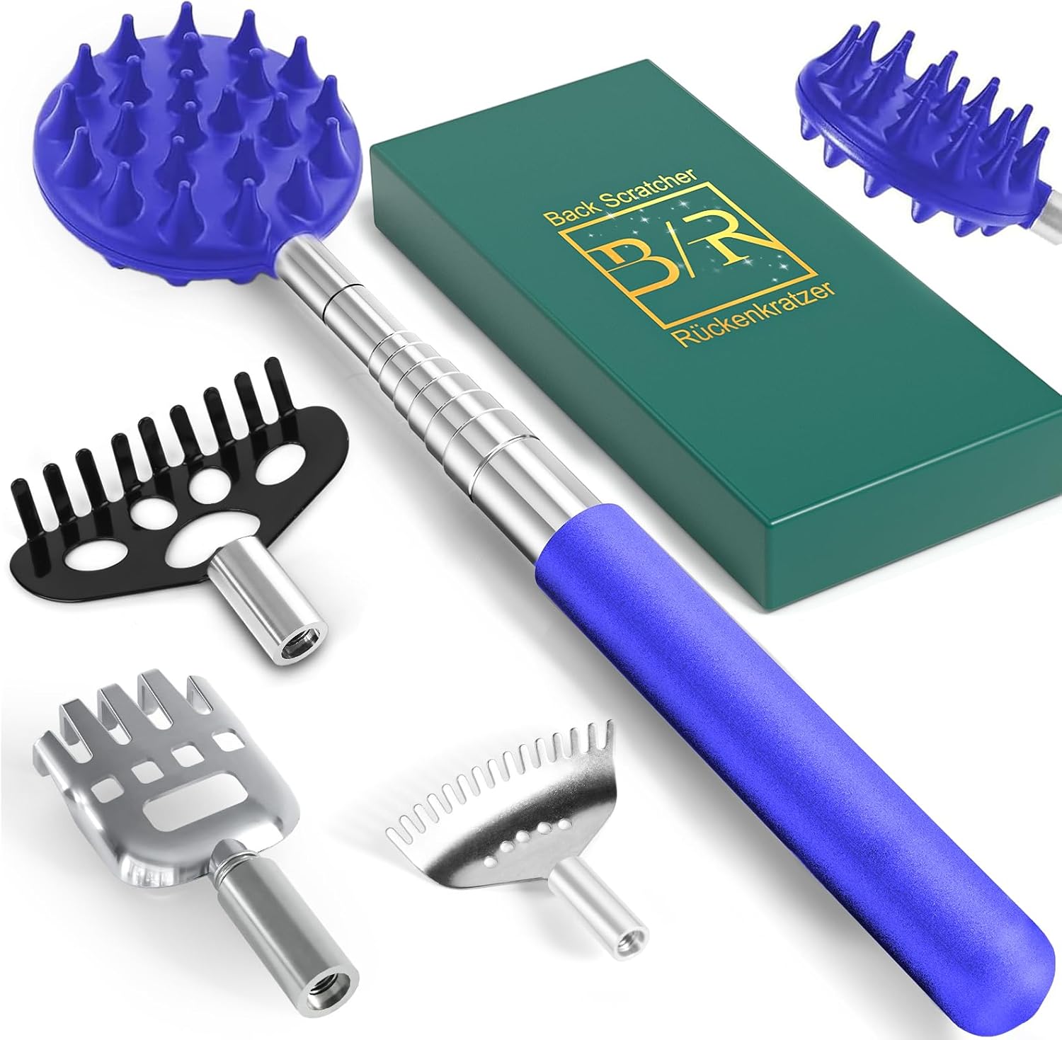 VOMEP Back Scratcher with 4 Pcs Detachable Heads, Portable Extendable Backscratchers Gifts for Women Men, Stocking Fillers, Metal Stainless Steel Massager/Backslap for Scratching (Blue)