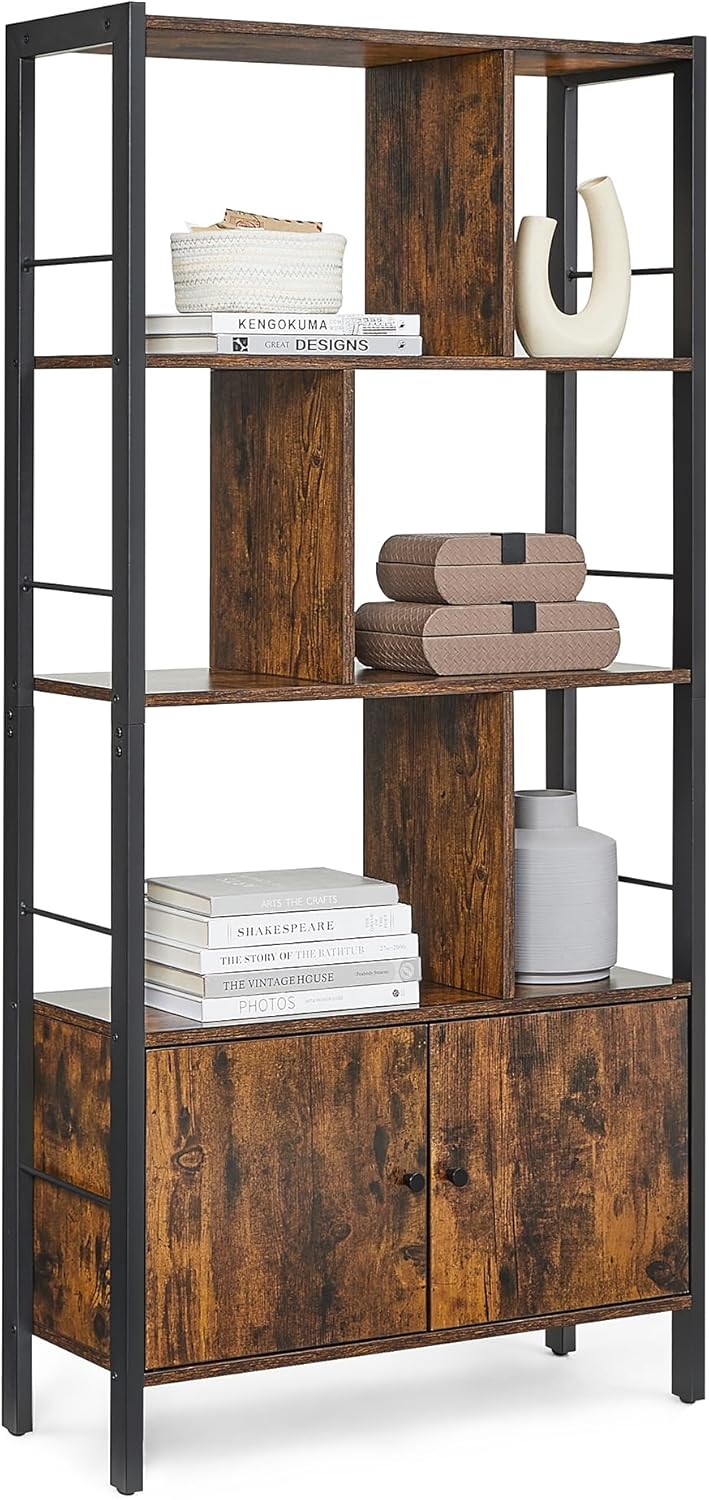 VASAGLE Bookshelf, Storage Shelf, Large Bookcase with Doors, 4 Shelves, Stable Steel Structure, Industrial Style, for Living Room, Office, Rustic Brown and Ink Black LBC022B01