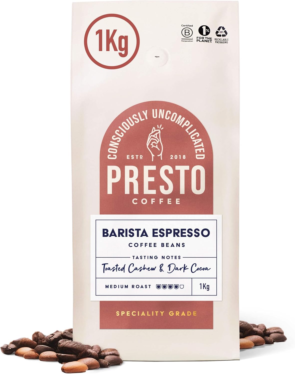 Presto Coffee | Velvety Smooth Speciality Coffee Beans 1kg | Dark Roast | Chocolate & Almond Notes | Rainforest Alliance Certified 50/50 Blend | Perfect for Bean-to-Cup Coffee Machines