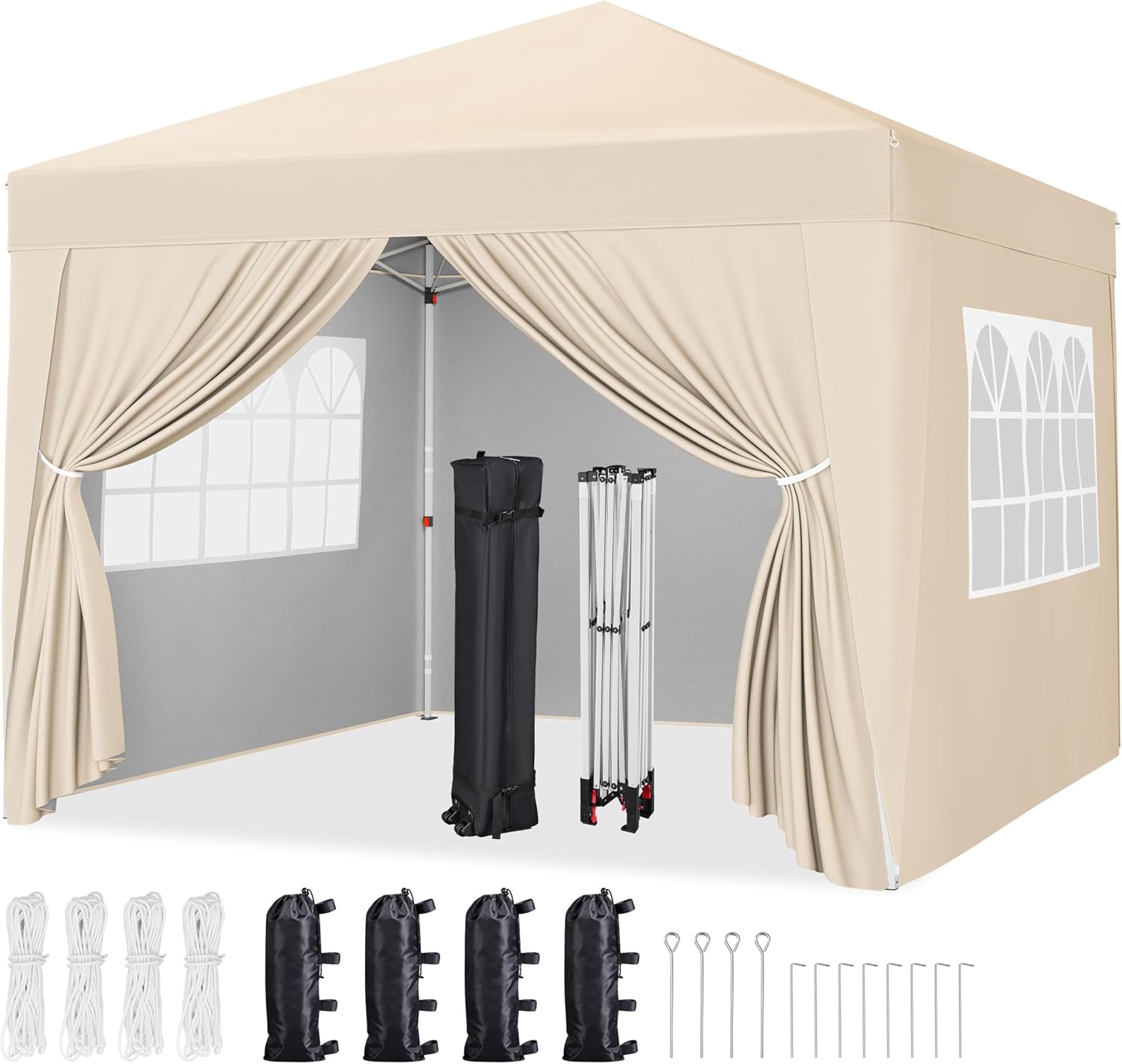 Yaheetech Pop-Up Gazebo 3x3m with 4 Removable Side Panels, Silver-costed Oxford Marquee Canopy with Wheeled Bag & Sandbags, Metal Frame Shelter Tent for Outdoor Garden Party Camping, Beige