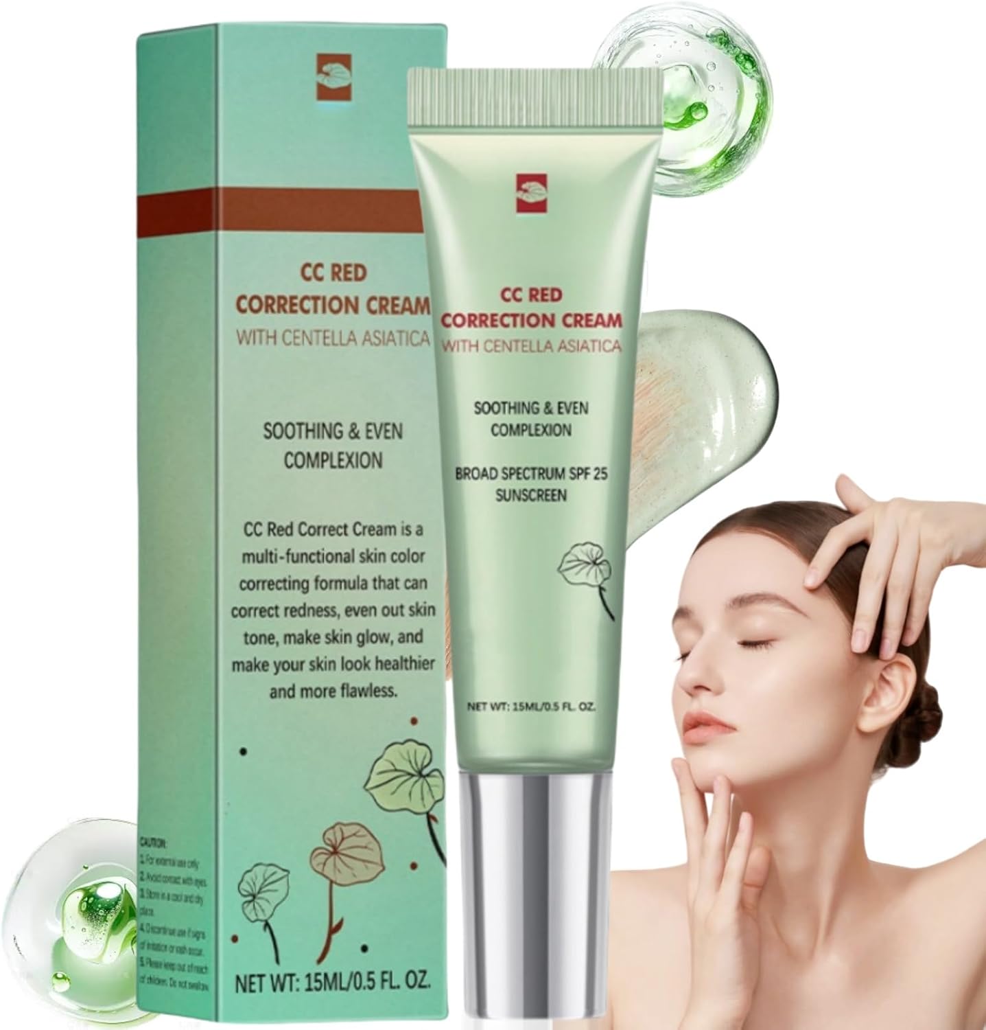 Color Correcting CC Cream with Centella Asia/tica,Centella Asia/tica CC Cream,Coverage Foundation with SPF 25,Lightweight Skin Perfector,Color Correcting Tinted Moisturizer,Face Concealer for Women