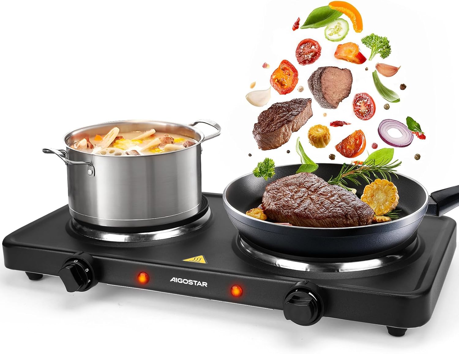 Aigostar 2500W Electric Double Hot Plate with Cast Iron Heating, Dual Plates Hob for Table Top Cooking, Independent Adjustable Temperature Control, Portable Design for Camping Travelling - Gemini