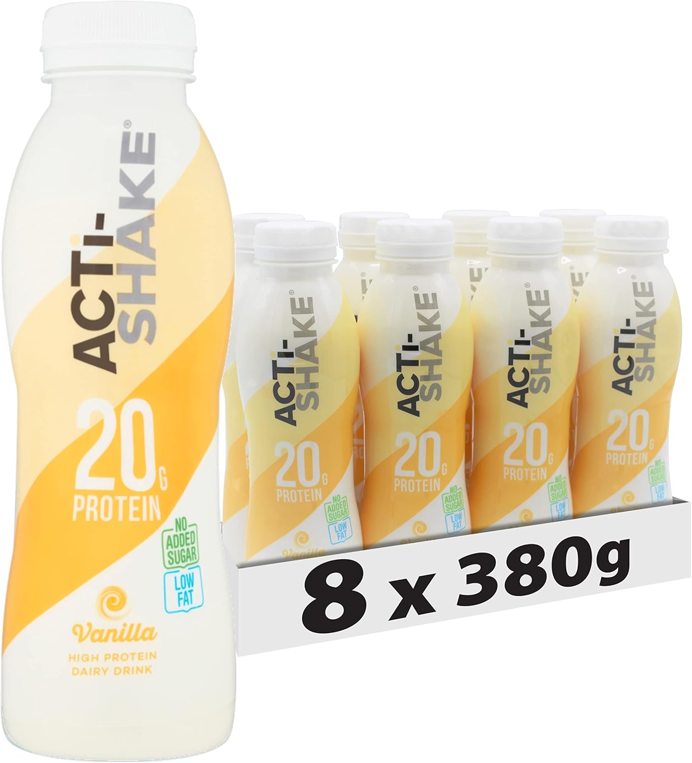 Acti-Shake Vanilla High Protein Dairy Drink 380g (Pack of 8) - 20g of Protein per bottle- Ready to Drink - Low Fat and No Added Sugars - 193 kcal - Multipack