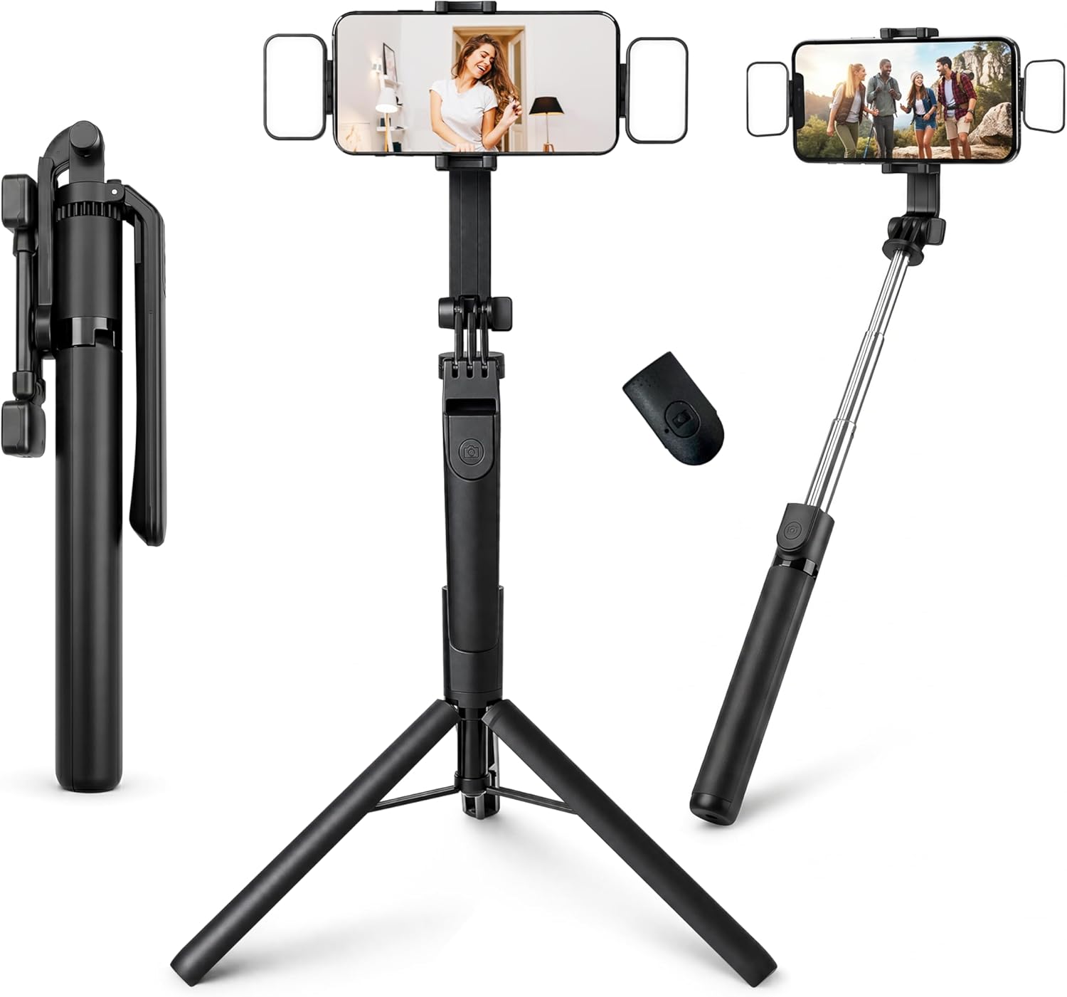 Selfie Stick Tripod with Dual LED Lights, 360° Rotating Adjustable Phone Stand, Bluetooth Remote, Extendable 1.7m Foldable Tripod for Live Streaming, Vlogging & Travel