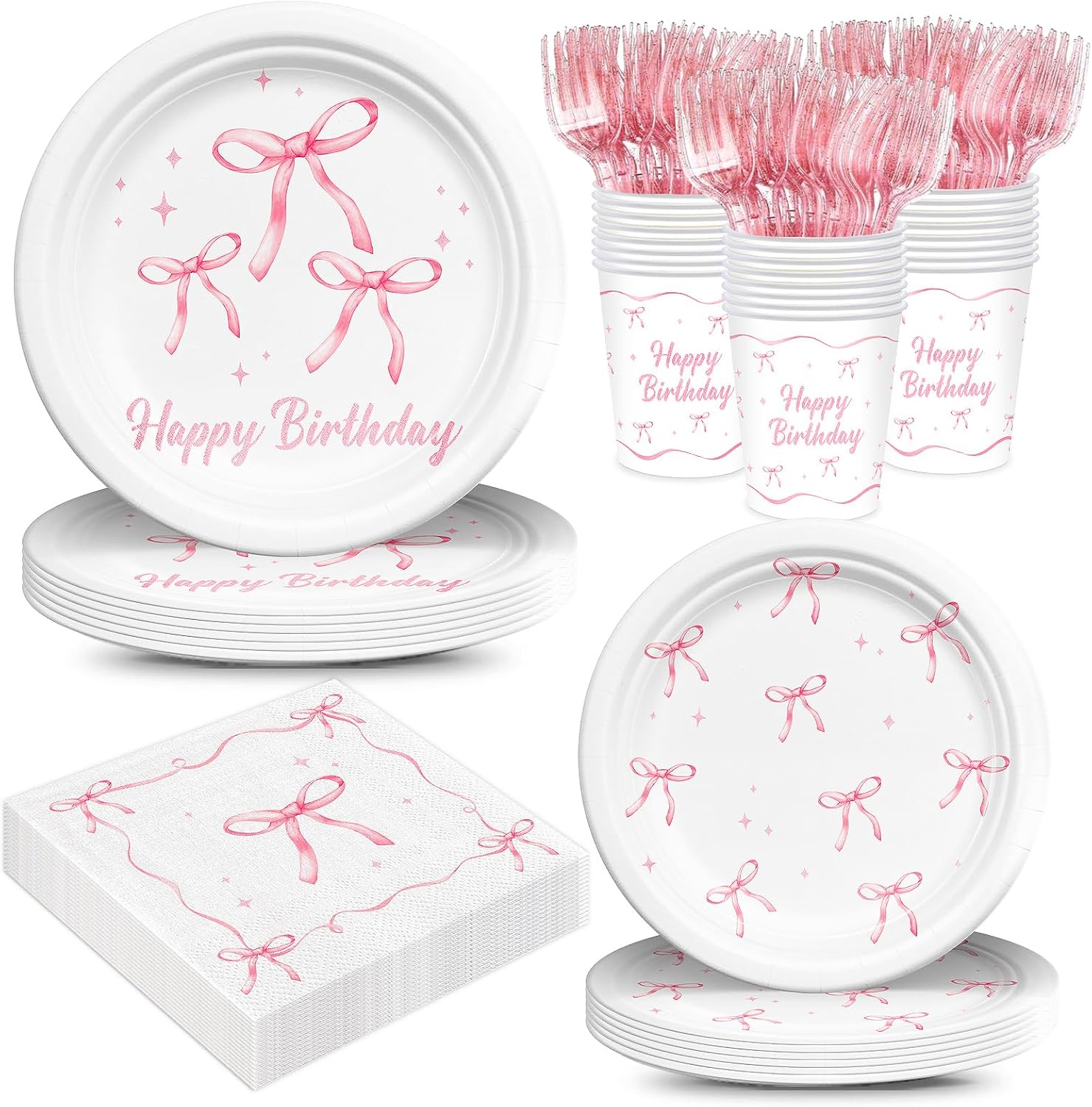 120pcs Pink Bow Party Supplies Paper Plates Napkins Bow Tableware Set Disposable Paper Cups Pink Forks Birthday Party Supplies for Girl Bachelorette Bridal Engagement Serves 24 Guests