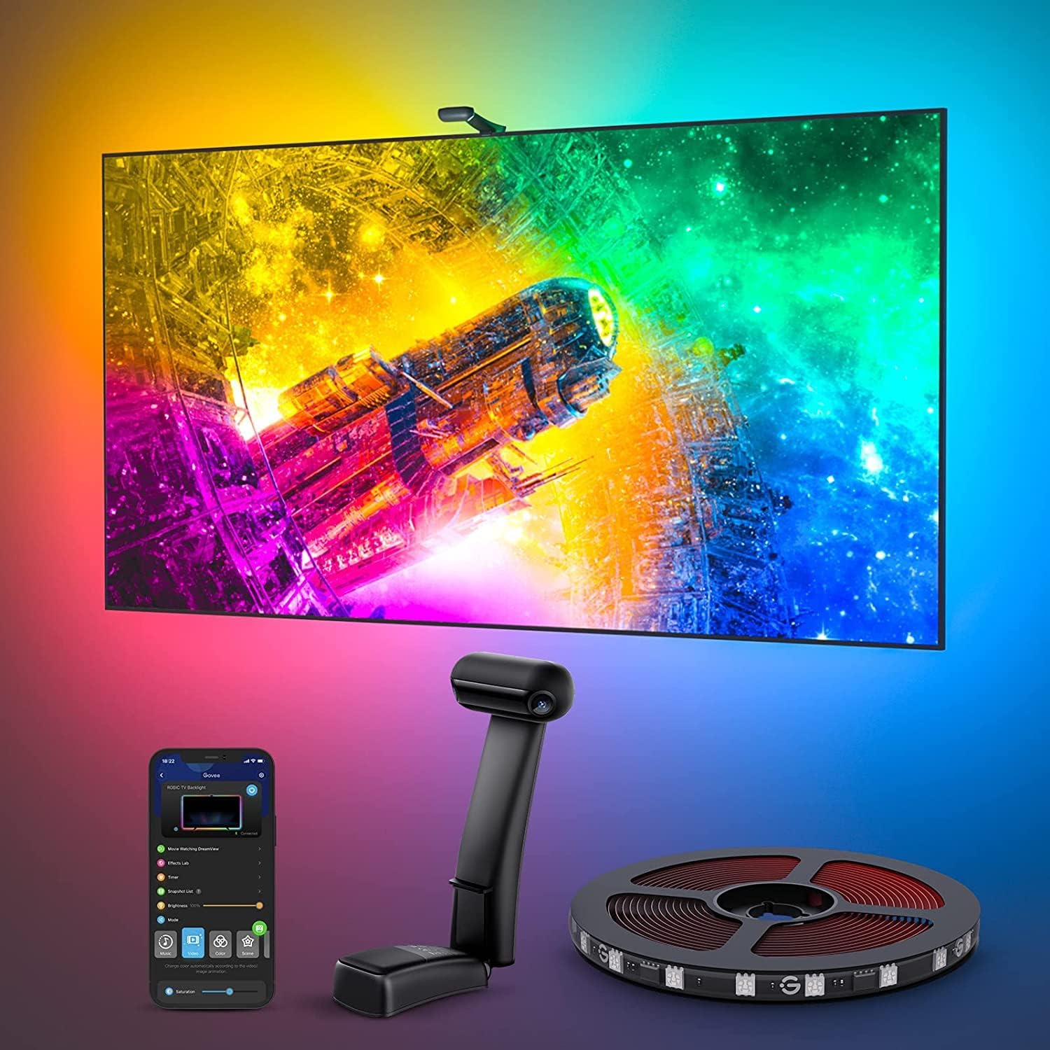Govee Envisual TV LED Backlight T2 with Dual Cameras, 11.8ft RGBIC Wi-Fi LED Strip Lights for 55-65 inch TVs, Double Strip Light Beads, for Halloween Decorations, Xmas, Smart App Control, Music Sync