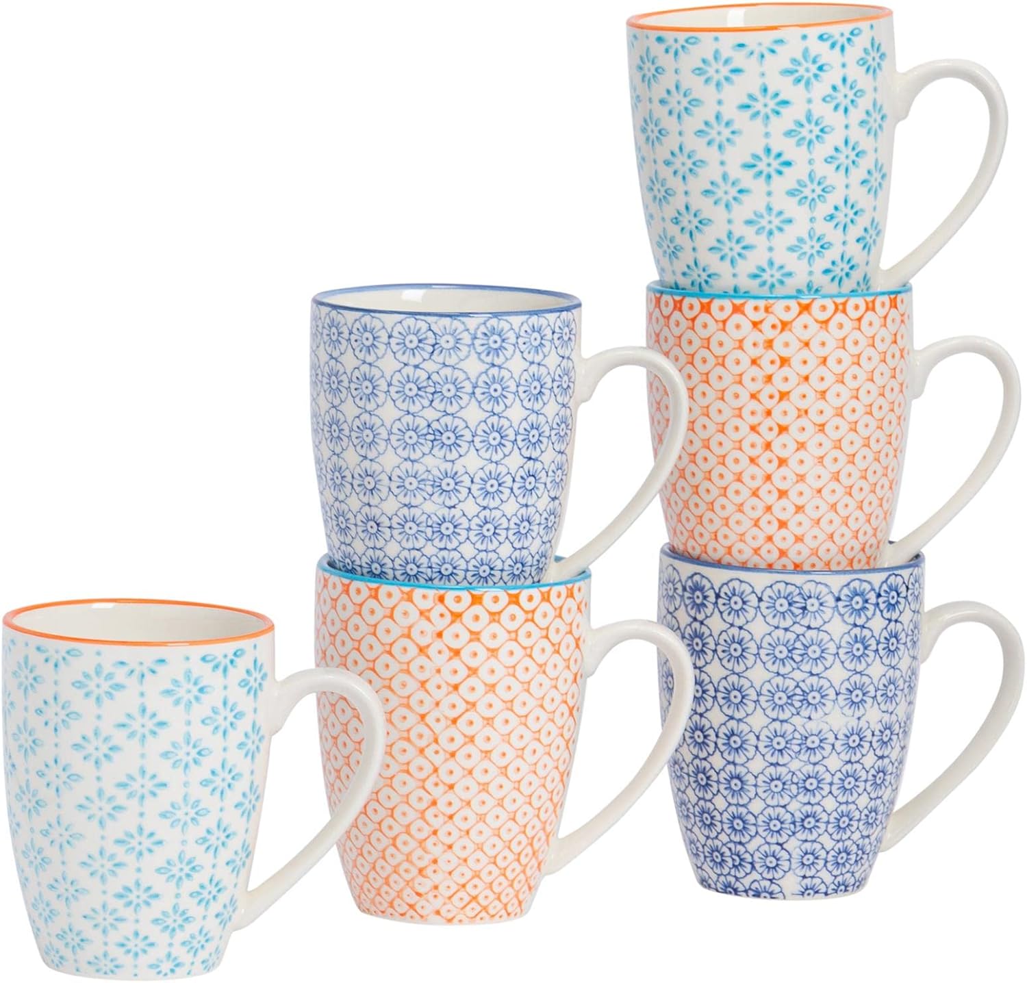 Nicola Spring Hand-Printed Mug - 330ml - Navy, Orange & Blue - Pack of 6 - Porcelain Hot Chocolate Cups Tea & Coffee Mugs for Kitchens, Cafes & Restaurants