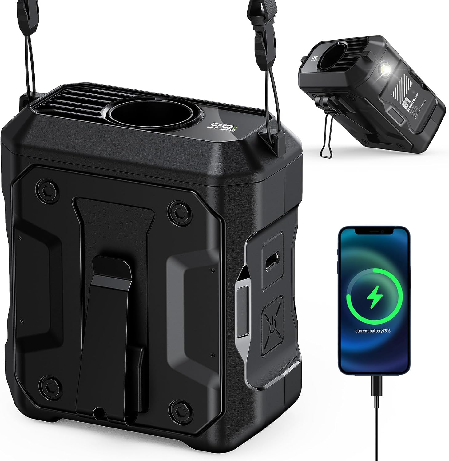 Portable Waist Fan Rechargeable, 10000mAh Battery Powered & 45H Runtime, 10-Speed Personal Fan w/Lanyard, Flash Light, LED Display, Clip on Wearable Belt for Jogging Hiking Jobsite Warehouse