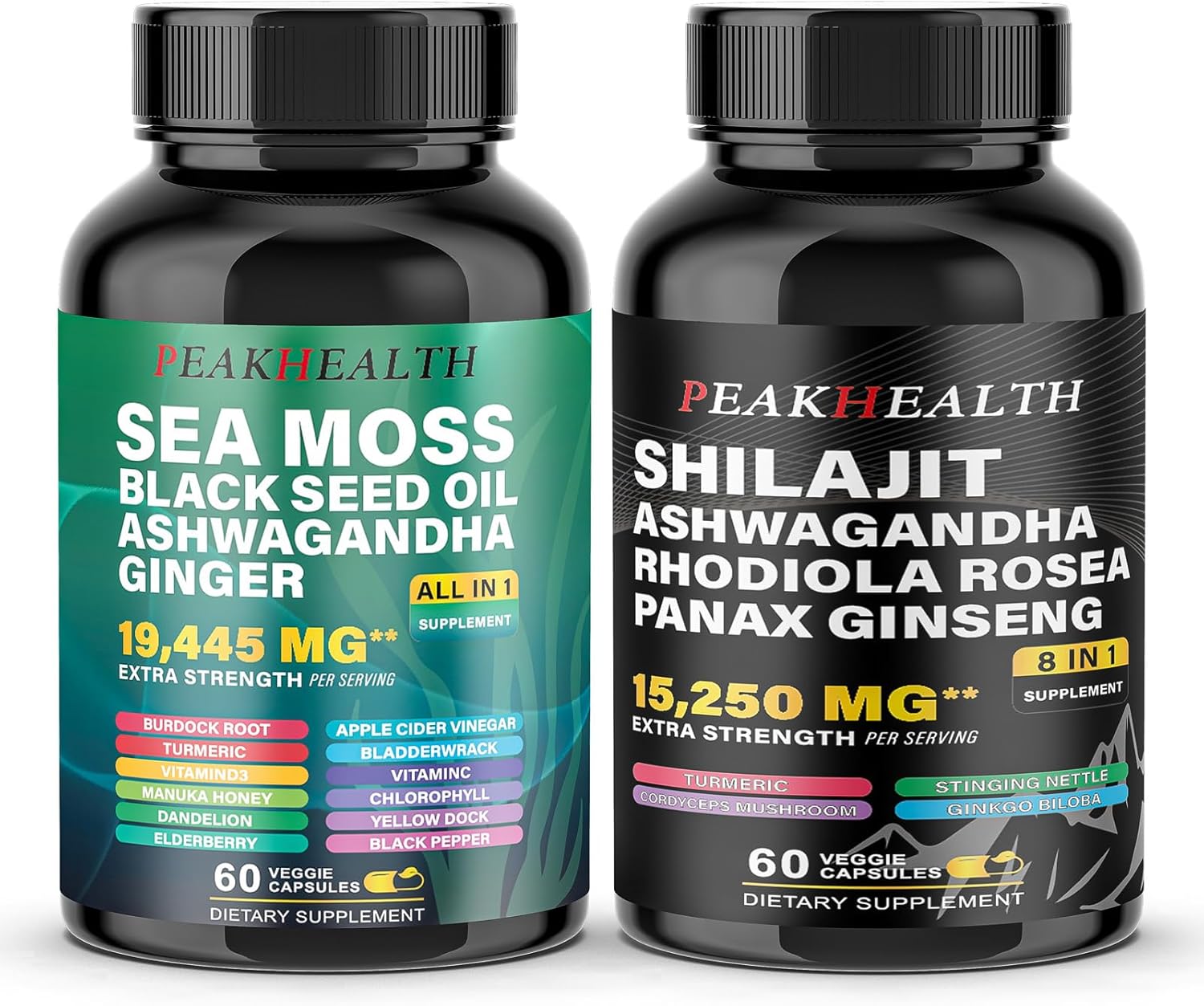 Shilajit Sea Moss Black Seed Oil Ashwagandha Capsules for Man Woman,2 Bottle Combo with Turmeric, Panax Ginseng, Rhodiola,19,445mg Herbal Formula,Energy & Immune Support, 60 Capsules,Easy to Swallow