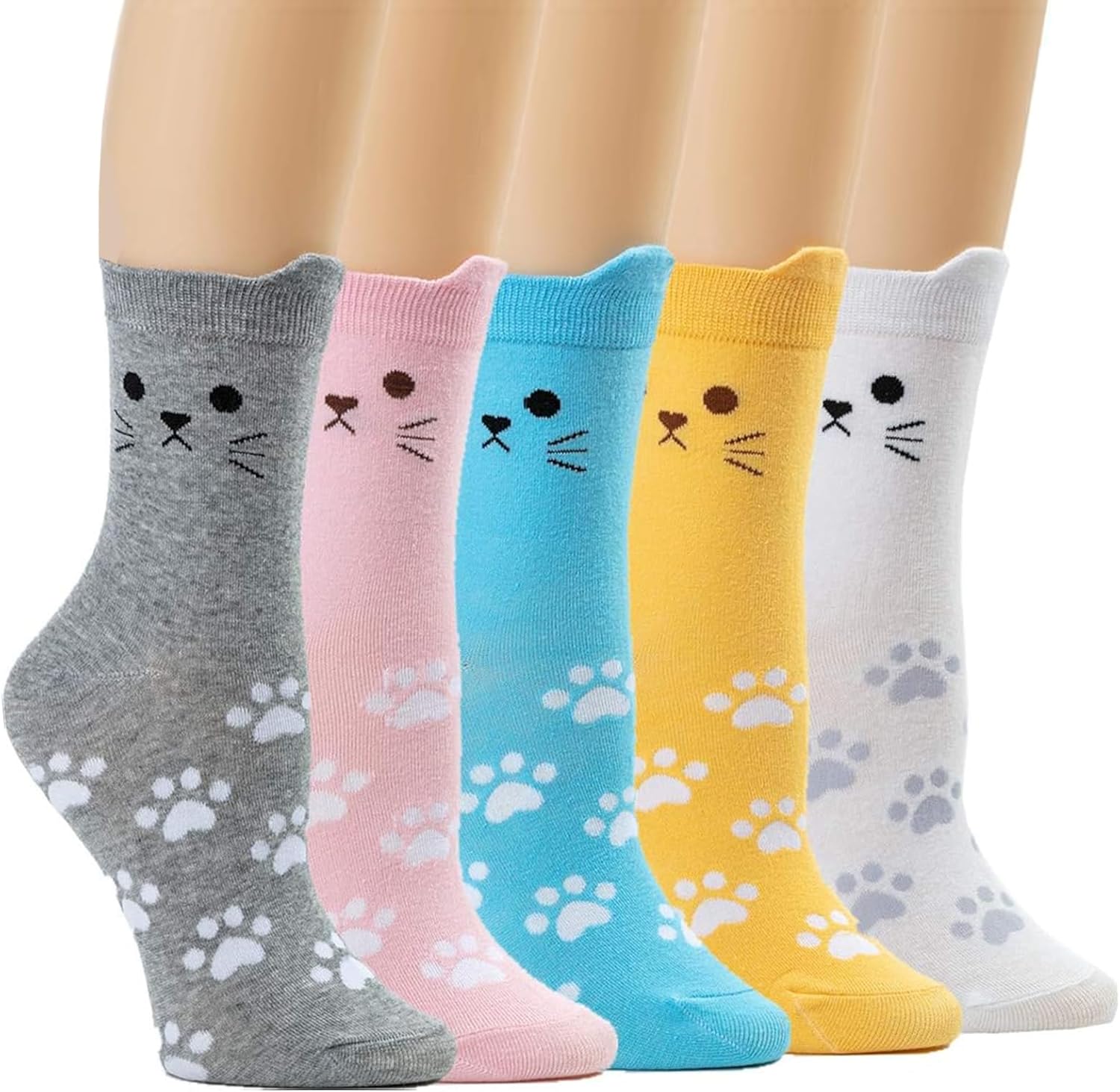 5 Pairs of Cat Socks for Women - Funny Novelty Animal Gift Set, Comfortable Cute Over-ankle Length Print Sizes 4-7 - Suitable for Daily Wear
