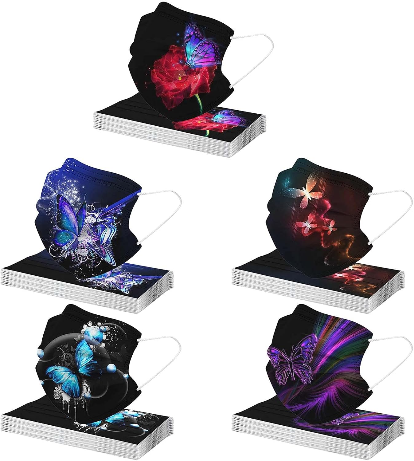 Rowa 50 Pack Adults Butterfly Disposable Face Masks with Design, 3 Ply Protective Breathable Women Men FaceMask with Nose Wire (Butterfly_10)