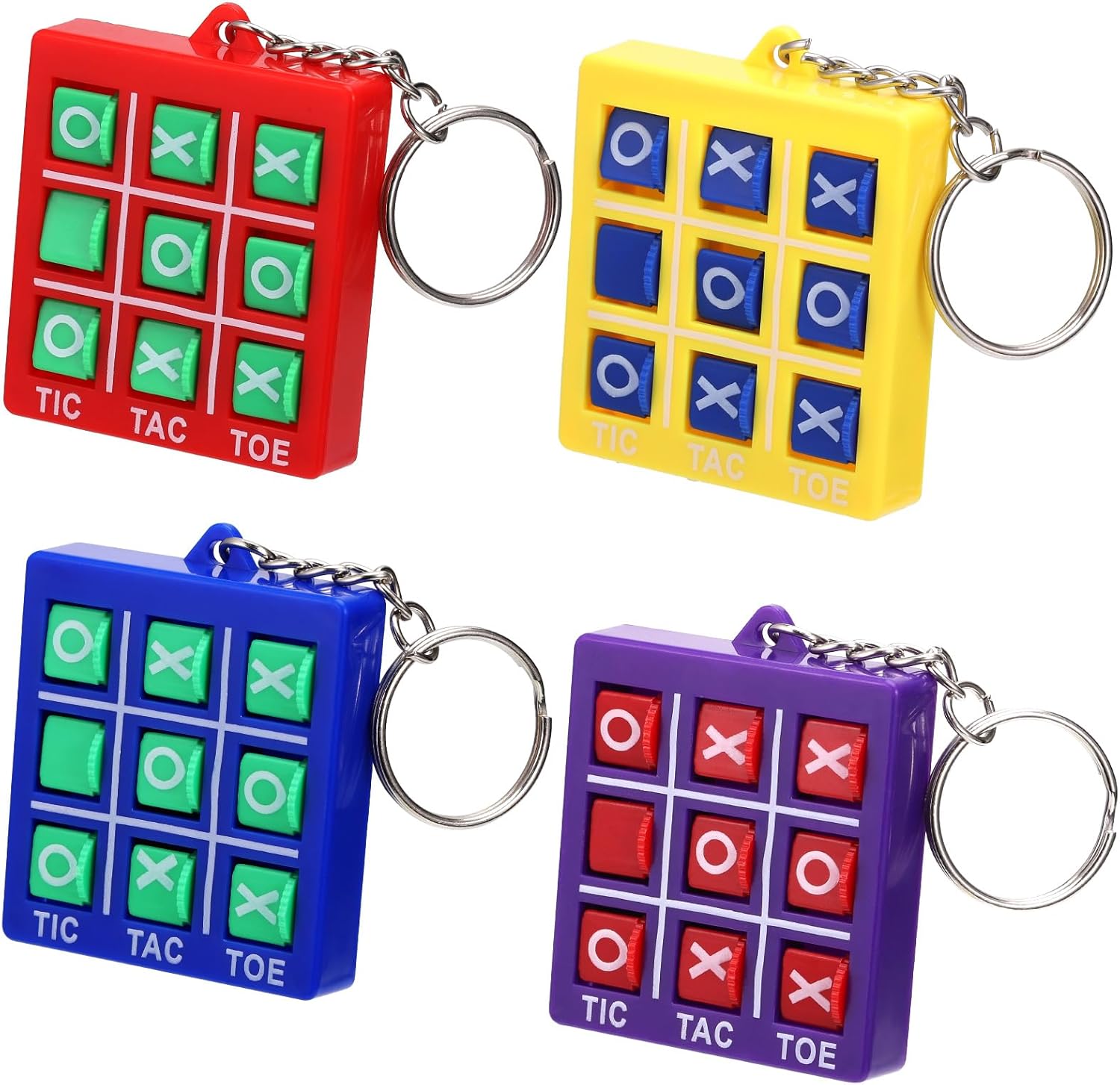 4pcs Tic Tac Toe Keychain, Tic Tacs Cute Kids Party Bag Fillers, Funny Mini Toys Tic Tac Toe Game, Mini Tic Tacs Backpack Keyring, Return Gifts for Birthday Party Kids (Red, Blue, Yellow, Purple)