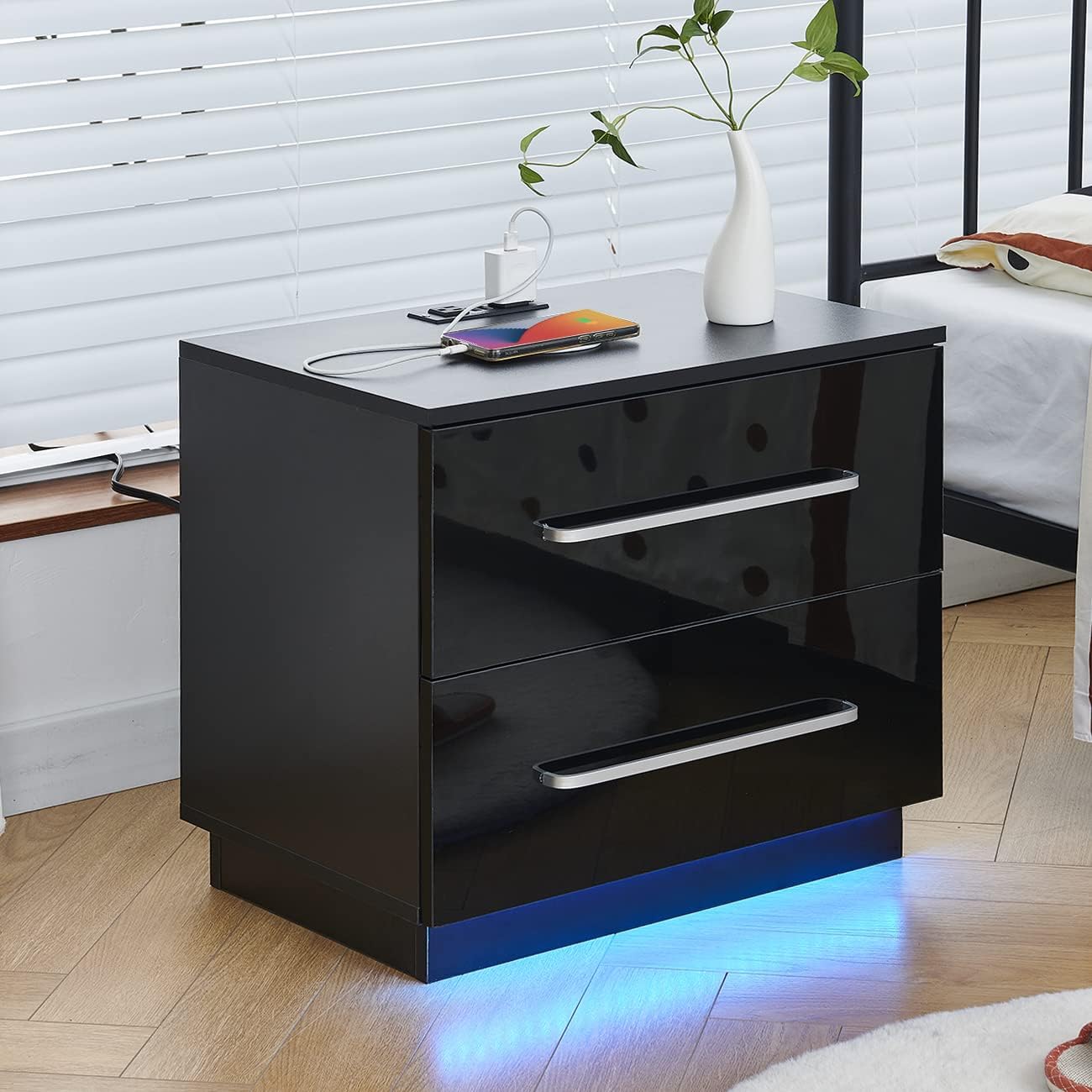 BELIFEGLORY. Bedside Table 2 Drawers High Gloss Nightstand with Charging Station and 2 USB Ports Cabinet Side Table End Table with LED Light for Bedroom