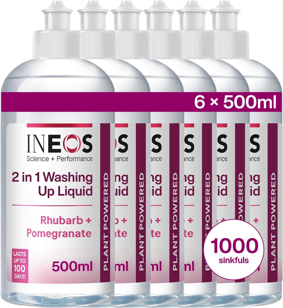 INEOS Next-Gen 2in1 Washing Up Liquid, 3L (500ml x 6), 1000 Sinkfuls, Dishwashing + Handwashing, Plant Powered, Rhubarb + Pomegranate, Packaging May Vary