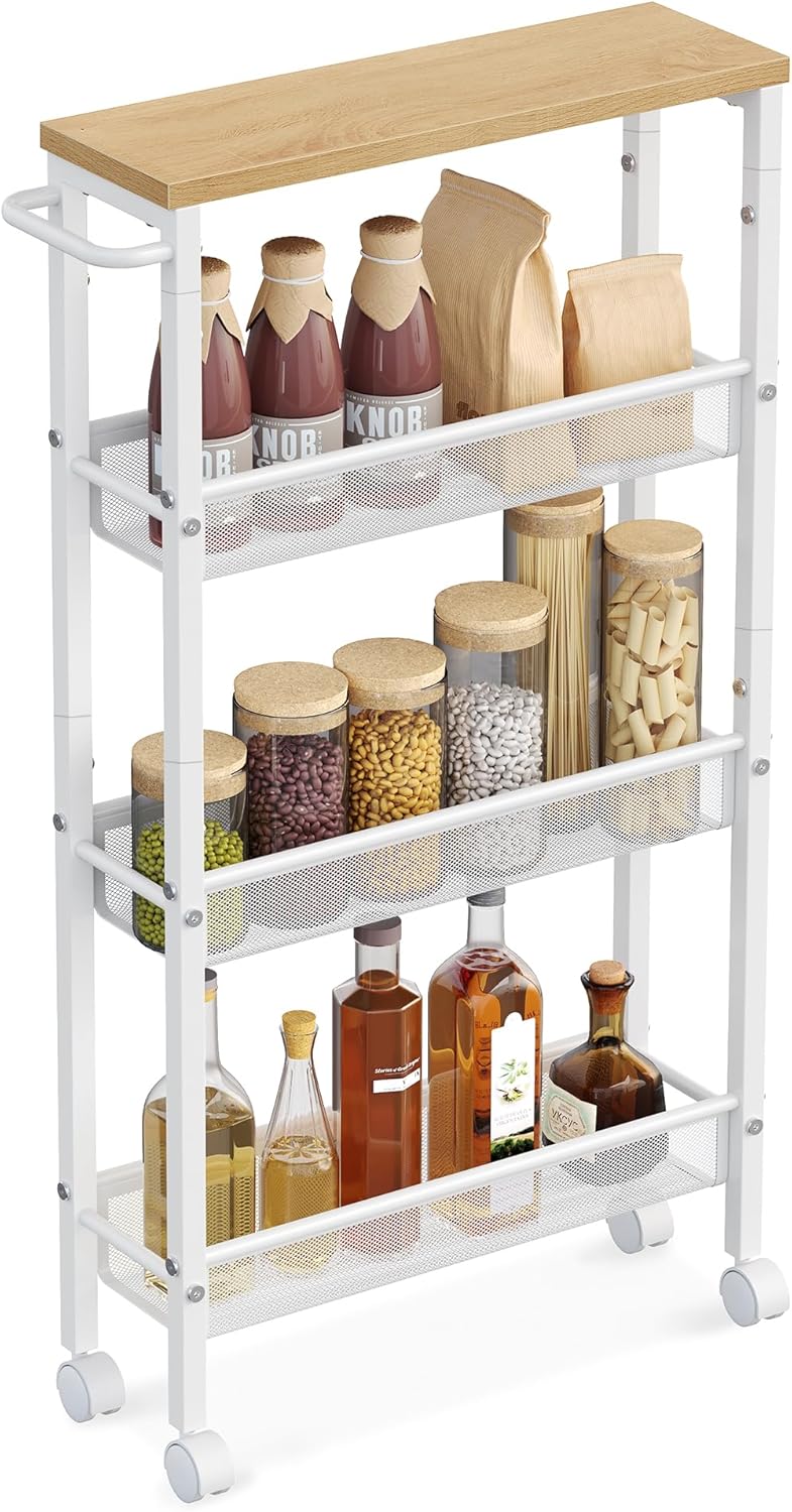 VASAGLE 4-Shelf Trolley, Space-Saving Kitchen Cart with Wheels, Steel Frame, Handle, Trolley for Small Spaces, Kitchen Bathroom Living Room Studio, Oak and White LRC032W09