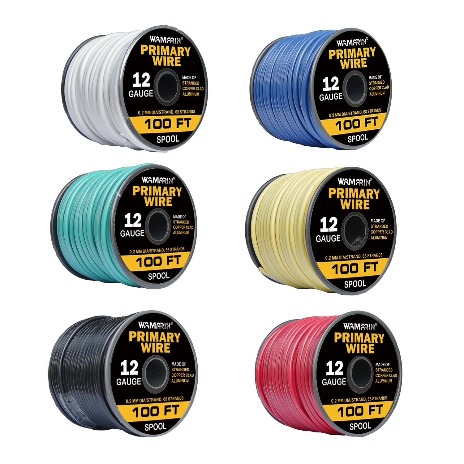 12 Gauge Wire Combo, 6 Colors, 100ft Rolls (600ft Total) - Durable Copper Clad Aluminium, Ideal for Heavy-Duty Auto & Home Projects, Insulated