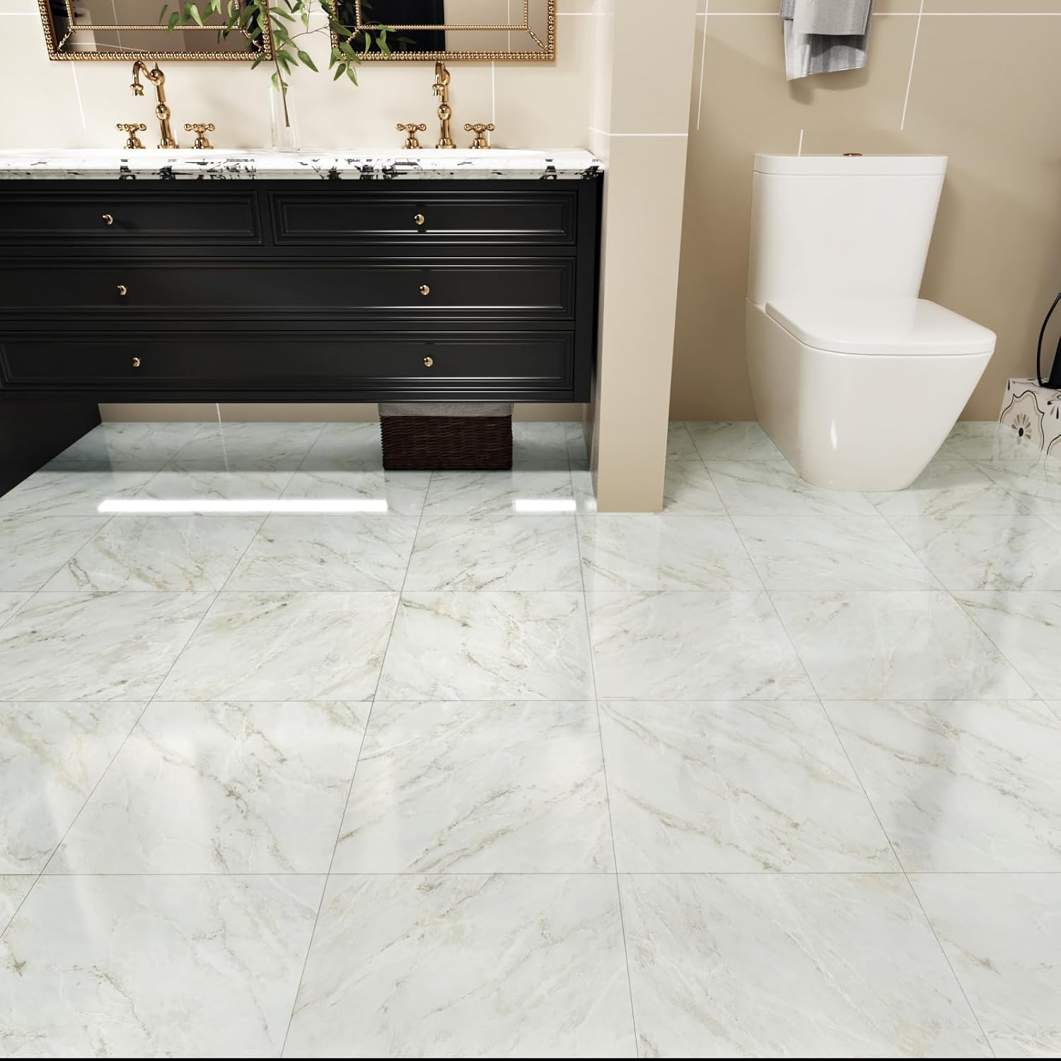 WESTICK 20 Pcs Bathroom Marble Floor Tiles Peel and Stick Waterproof 12" x 12" Self Adhesive Vinyl Flooring Peel and Stick Floor Tile Removable Vinyl Stick on Tile for Bedroom Kitchen Living Room