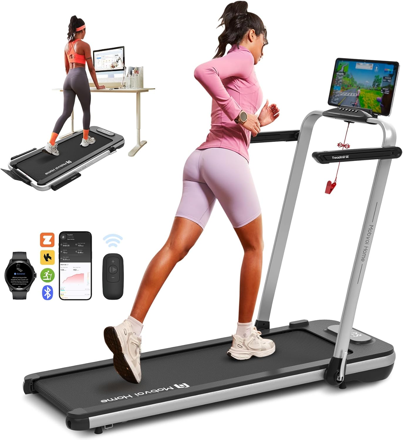 Mobvoi Home Treadmill SE Smart AI 3 in 1 Folding Treadmill Walking Pad Under Desk Running Machine 2.5 HP Compact Portable Remote Control TicSports APP Easy to Store for Home Office 120 KG 12 KMH