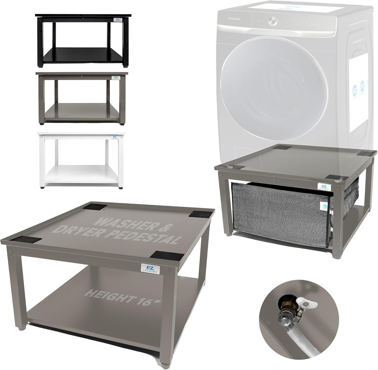 Washer and Dryer Pedestal 24" Adjustable Gray - Ergonomic 16" Height, Alloy Steel, Holds 800 lbs - Reduces Back Pain, Includes Drain Pan & Hose - Universal Fit for Major Brands