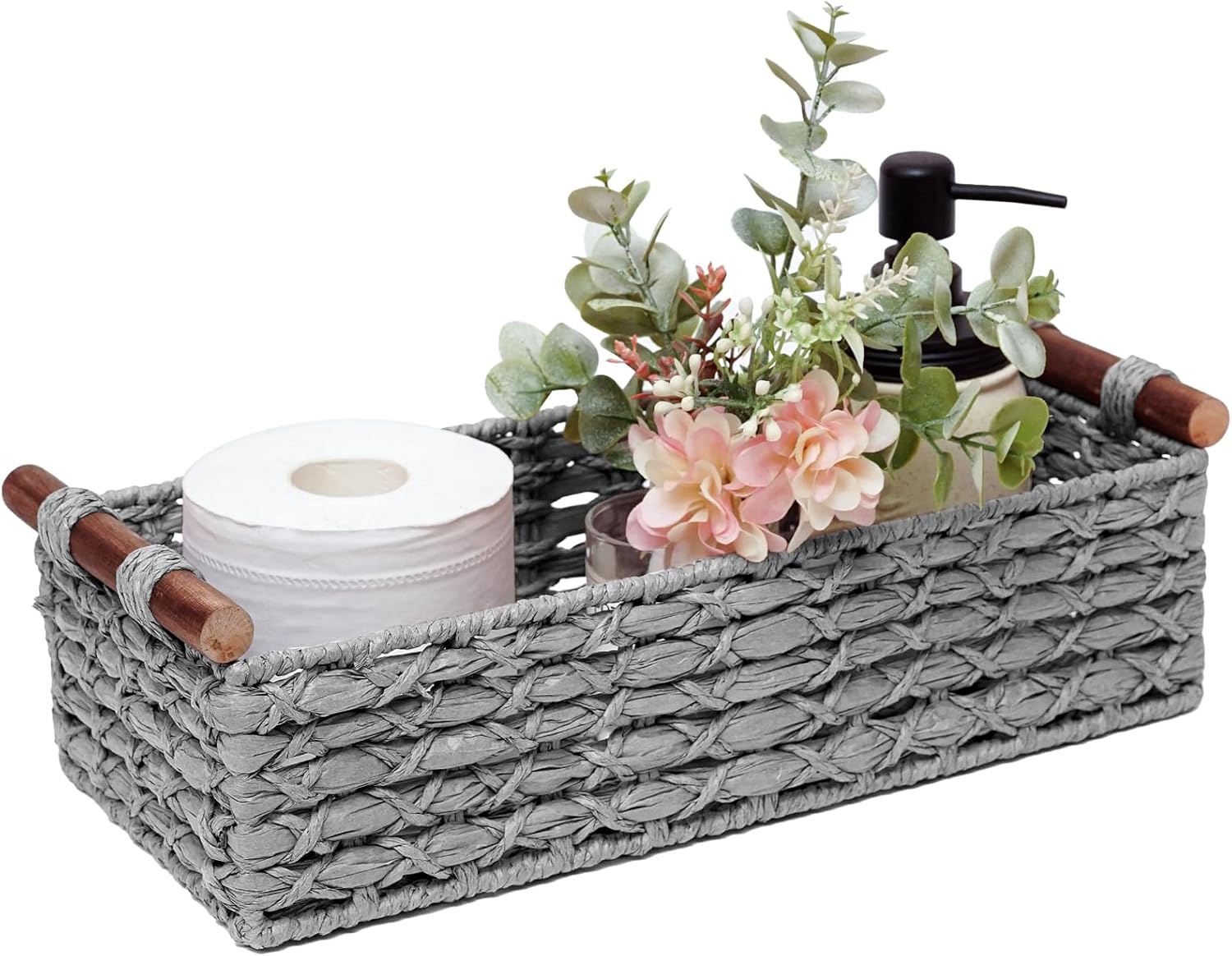 Small Storage Basket Wicker Baskets for Organizing with Handle Decorative Storage Bin for Countertop Toilet Paper Basket for Toilet Tank Top Small Baskets,Light Grey