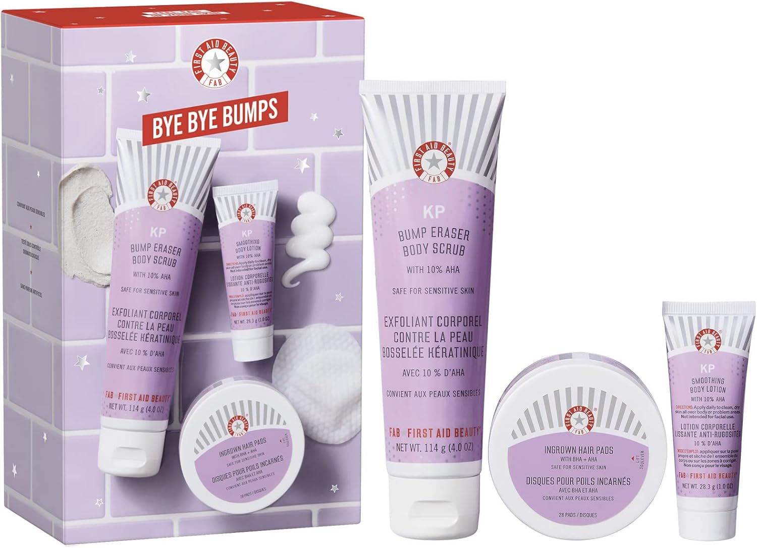 First Aid Beauty Bye Bye Bumps Kit – 3 Exfoliating Favourites – KP Bump Eraser Body Scrub with 10% AHA, 114 g, KP Smoothing Body Lotion, 28.3 g, + Ingrown Hair Pads, 28 Count