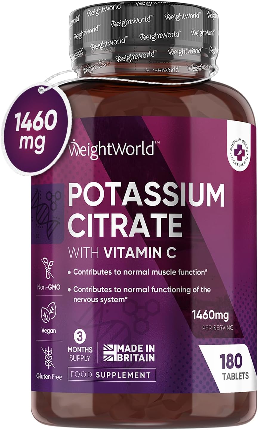 Potassium Supplement High Strength 1460mg with Vitamin C - Electrolytes Tablets - 3 Months Supply - 180 Vegan Potassium Tablets for Muscle Function - Natural Electrolytes Support - Superior Absorption