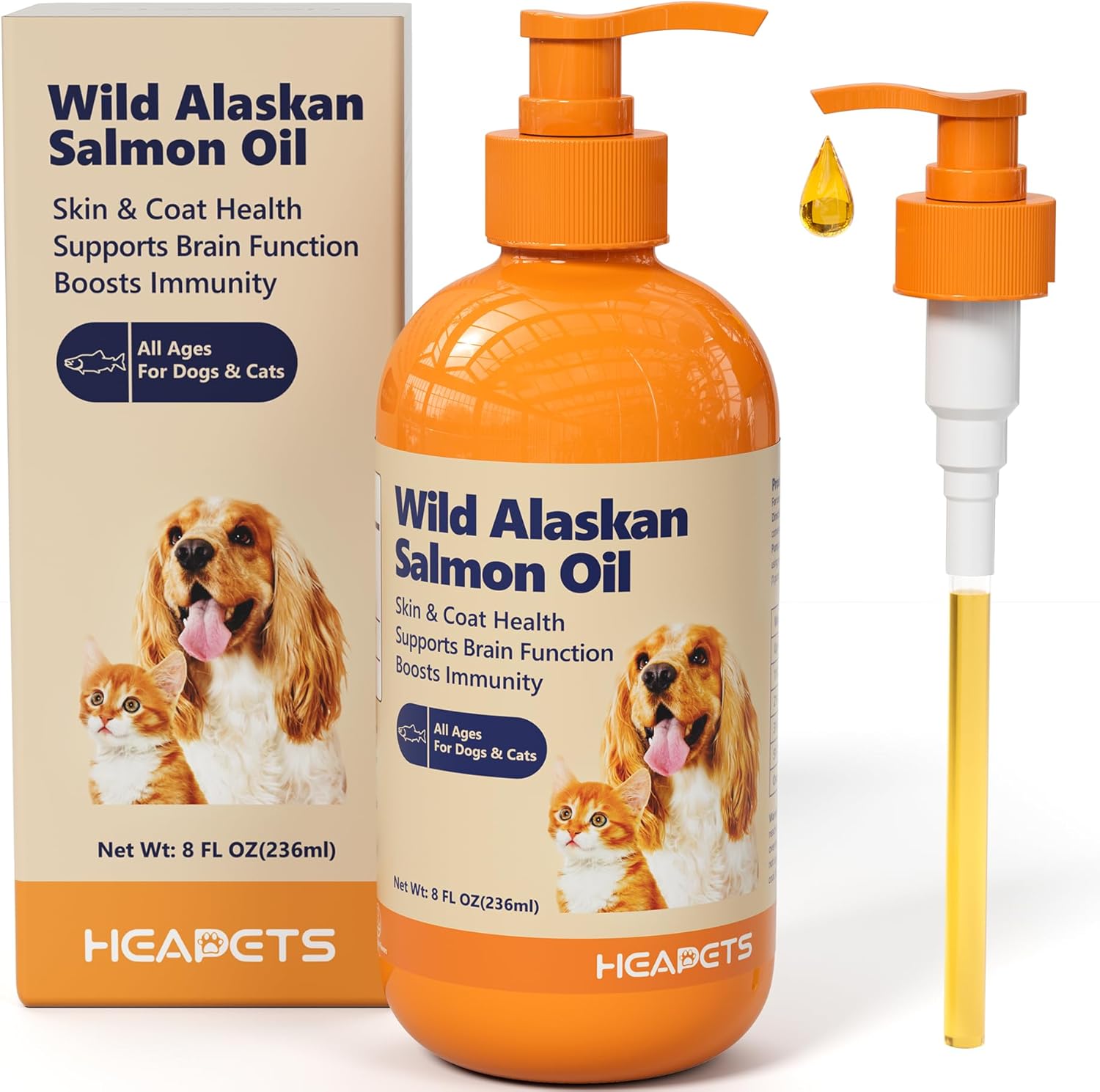 Wild Alaskan Salmon Oil for Dogs & Cats, Fish Oil Omega 3 Supplements with EPA & DHA for Skin & Coat, Immune, Brain, Joint and Heart Health, Dog & Cat Fish Oil Supplements with Pump- 8 oz