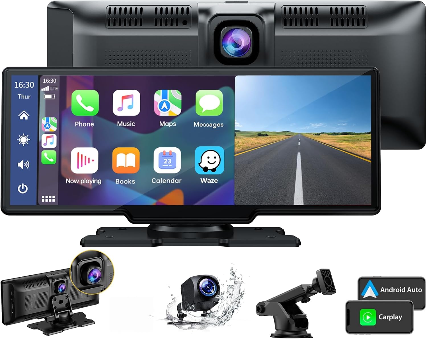 LAMTTO 9.26 Inch Wireless Car Stereo Apple Carplay with 2.5K Dash Cam, 1080P Backup Camera, Portable Touchscreen GPS Navigation for Car, Receiver Bluetooth, AirPlay, AUX/FM, Googel, Siri Black