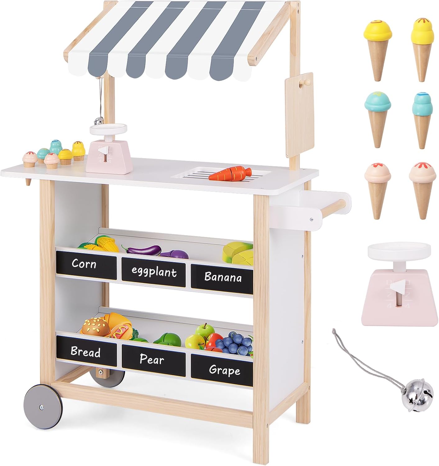HONEY JOY Kids Ice Cream Cart, Wooden Grocery Store Playset w/6 Pieces Play Food, Realistic Bell & Food Scale, Chalkboard, Pretend Play Dessert Shop Counter Stand Truck, Gift for Boys Girls