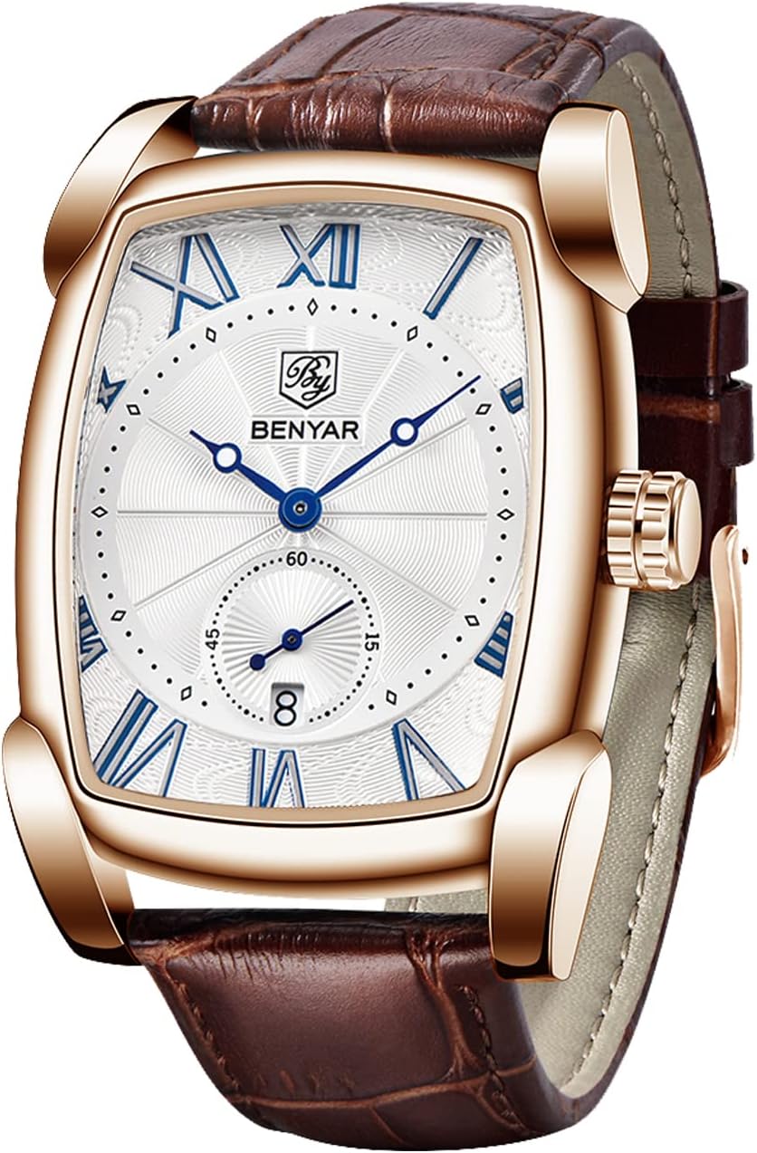 BENYAR Waterproof Classic Rectangle Case Vintage Design Watches Leather Strap Business Casual Wrist Watch for Men