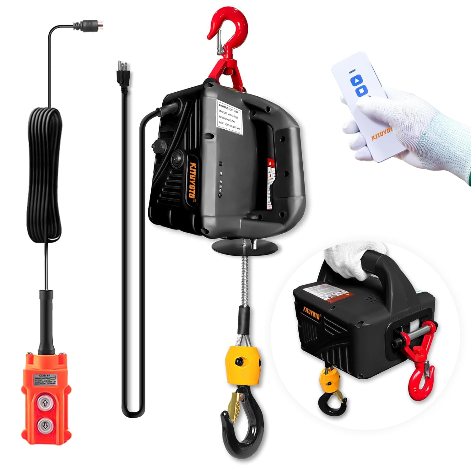 3-in-1 Electric Hoist Winch, 1100lbs 1500W Portable Electric Power Winch with Manual, Wired and Wireless Remote Control, Overload Protection, 22.9ft Lift Height, Suitable for Lifting Towing