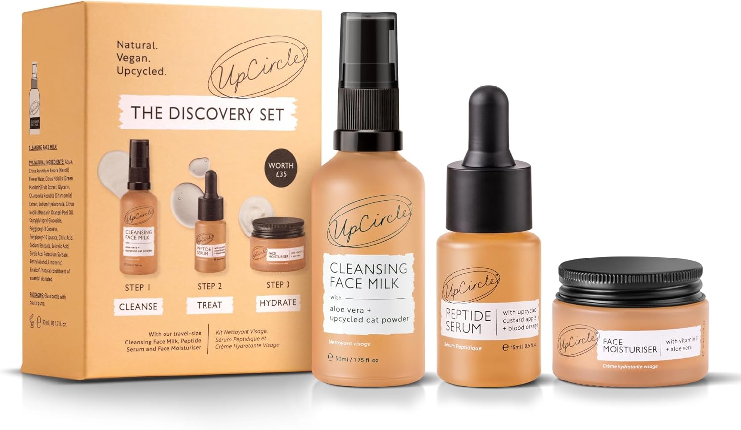 UpCircle Discovery Set – Cleansing Face Milk, Face Moisturiser and Peptide Serum Trio – Vitamin E, Niacinamide + Aloe Vera – Boosts Collagen, Hydrates + Soothes – Vegan + Cruelty-Free