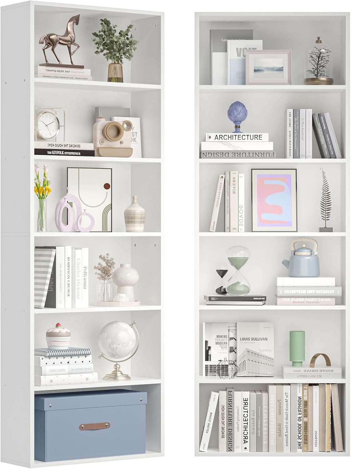 Nordivale Book shelf, 6-Tier Bookcase Free Standing, Open Storage Display Storage Bookshelves Rack Cube Shelf, Tall White Bookshelf Shelving Unit for Living Rooms, Bedrooms, Home Office, 2 Pack