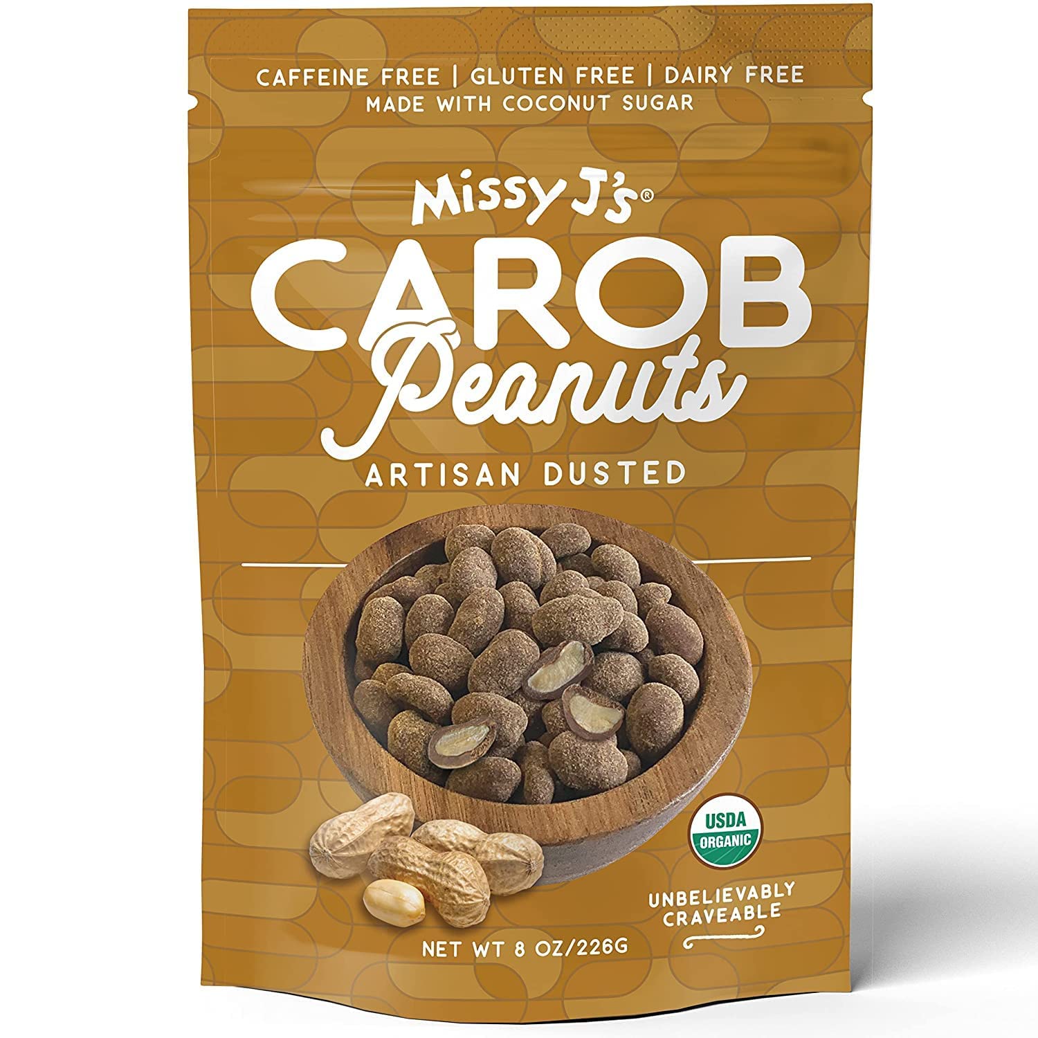 Missy J's Organic Carob Covered Peanuts 8oz. | Carob Made w/Coconut Sugar, Vegan and Gluten-Free | Healthy Caffeine Free Substitute for Chocolate, Perfect for Snacks and Treats