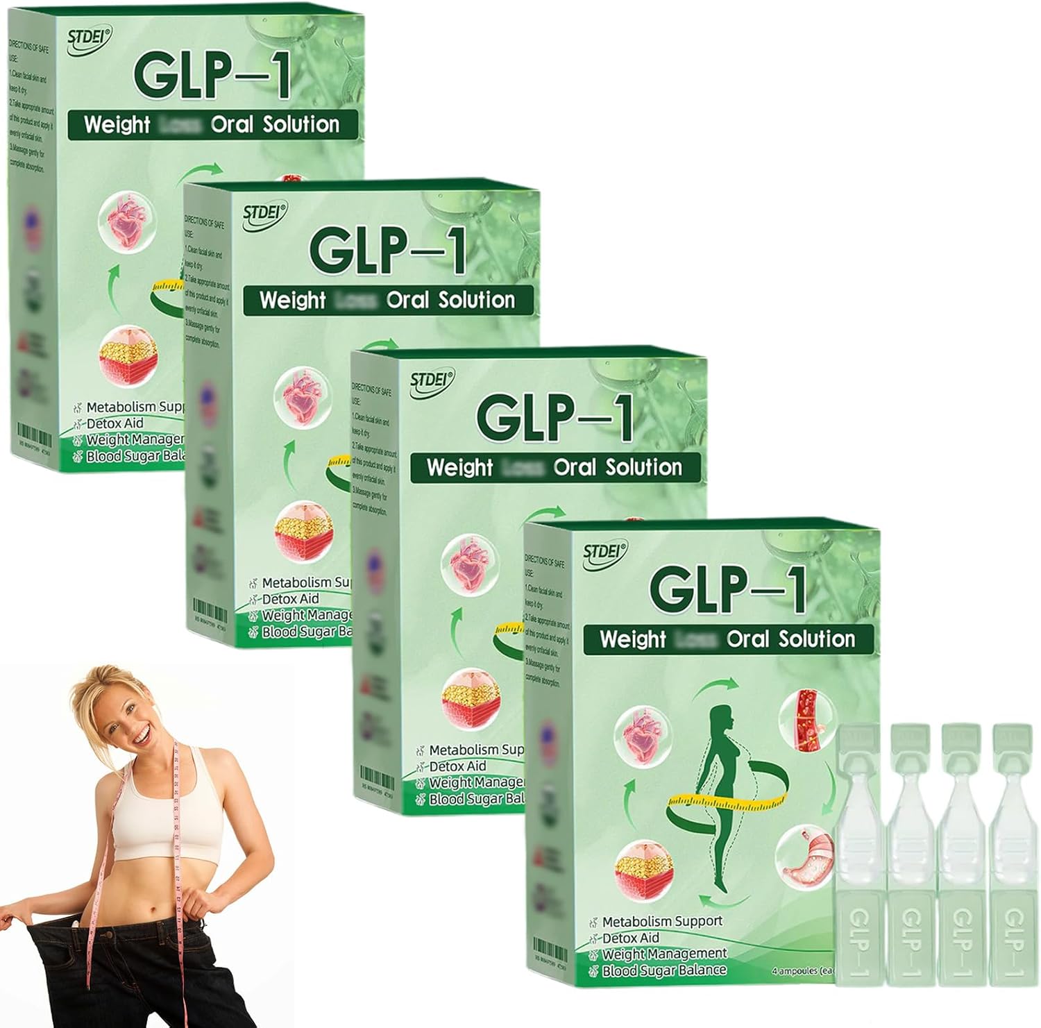 STDEI GLP-1 Weight Loss Oral Solution, Advanced GLP-1 Oral Liquid, STDEI GLP-1 Drops, GLP-1 Peptide Complex Serum, Natural Plant Extract, for Men & Women (4 Box)