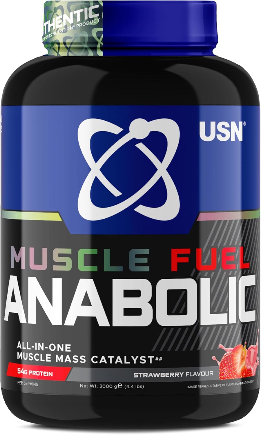 USN Muscle Fuel Anabolic All-In-One Muscle Mass Gainer, Strawberry Flavour - 2kg, 54g Protein Powder, 5g Creatine Powder & 5g BCAA Powder For Maximum Muscle Growth, Post Workout Recovery Drink Mix