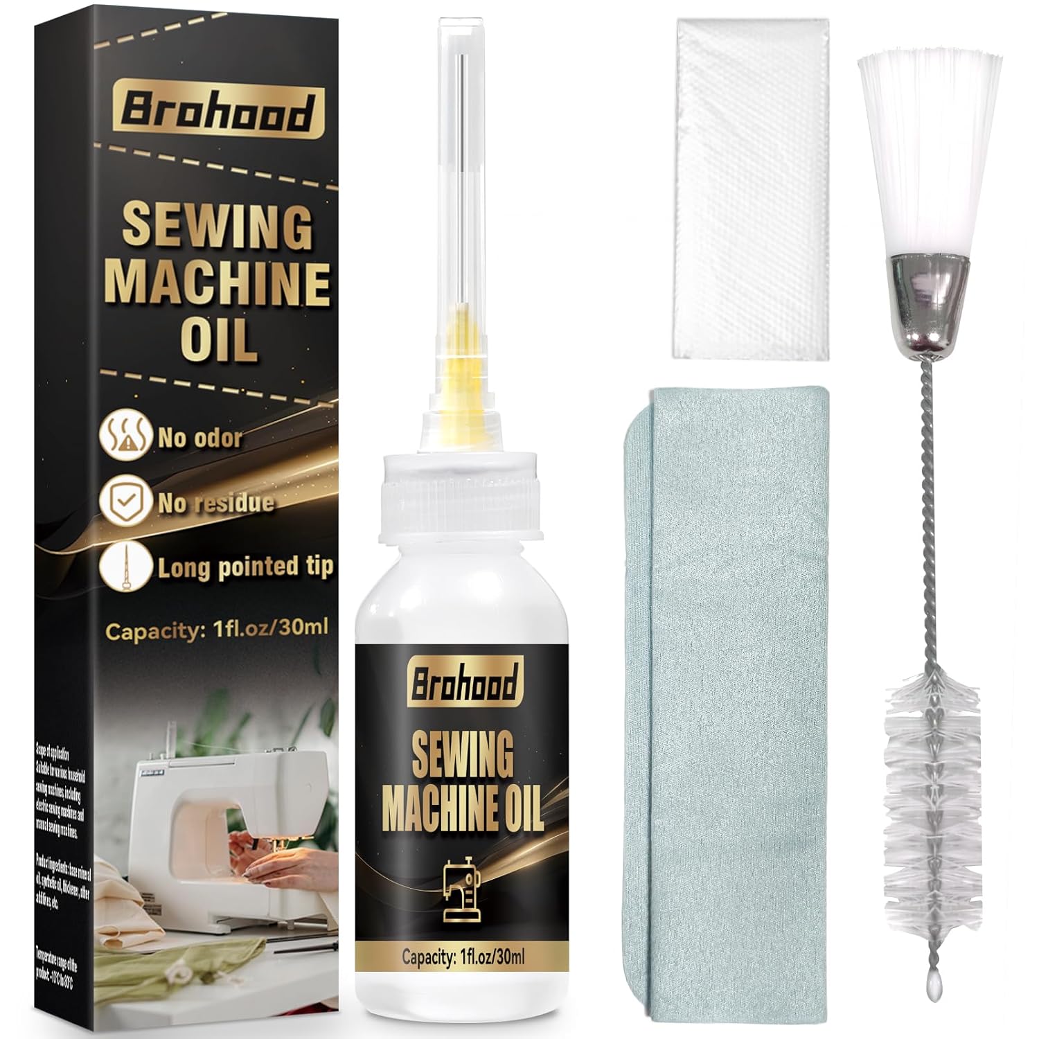 Brohood Sewing Machine Oil, Compatible with Singer Sewing Machine Oils, 1 FL.OZ Sewing Machine Oils and Lubricant with Needle Tip and Double End Brush, Light Machine Oil for Moving Parts, Tools