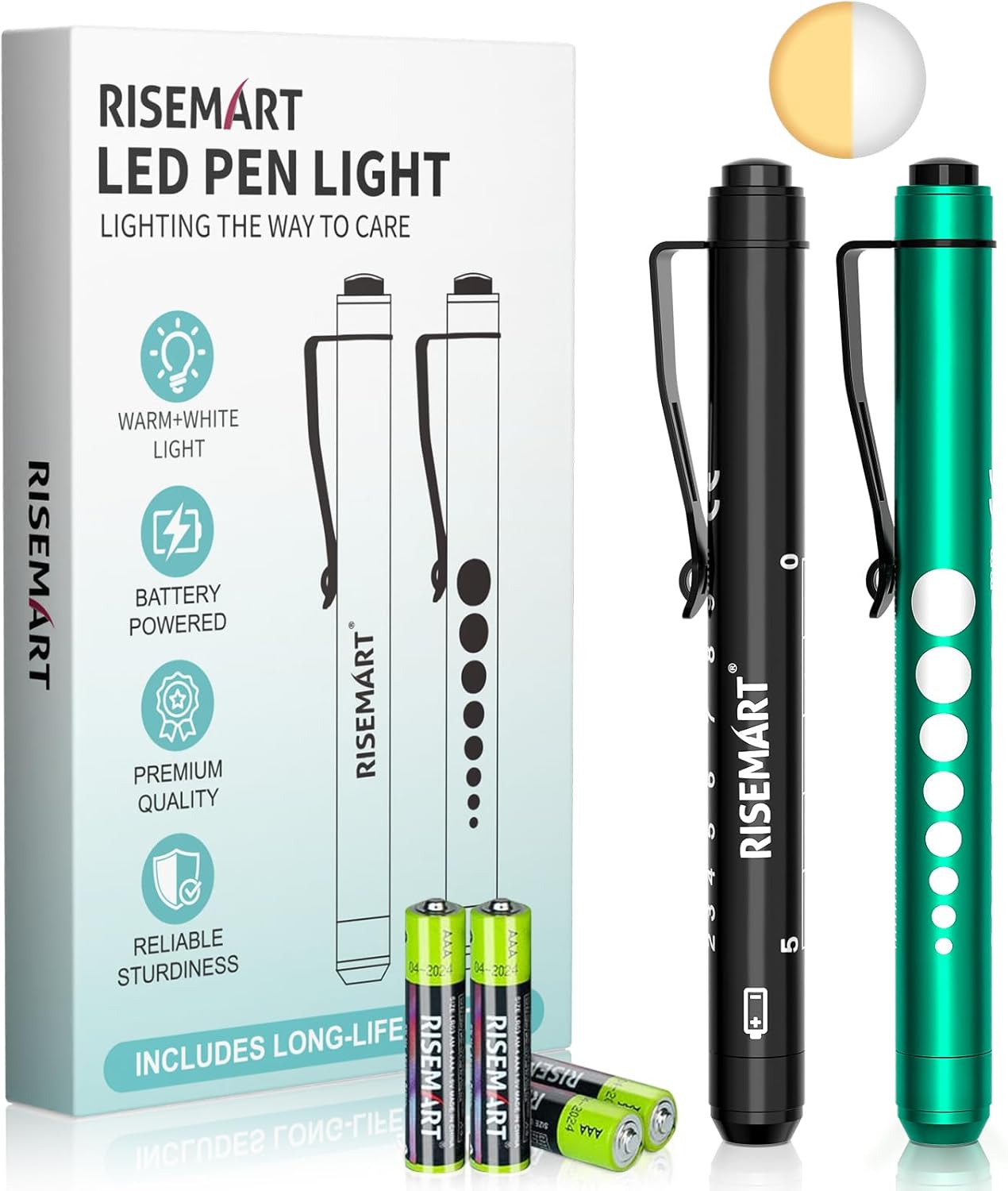 RISEMART Pen Light, Nurse LED Medical Penlight with Pupil Gauge for Nursing Students Doctors, Warm/White Light, Pen Lights for Nurses Doctors EMT with Batteries