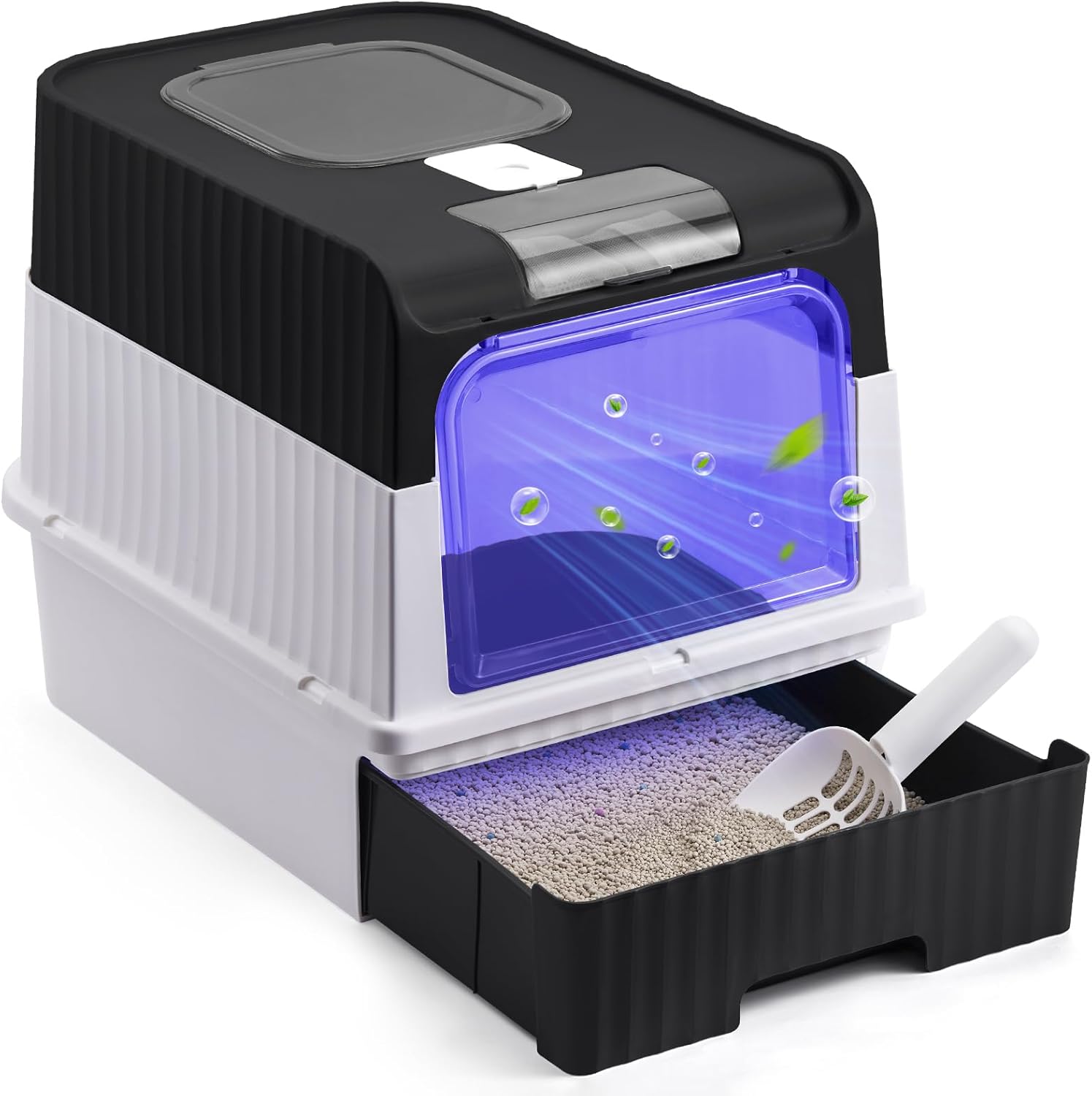 Fellie Cat Litter Tray with UV Sterilization, Large Box with Lid, Anti-Splash Drawer Pan, Odor Control, Easy Clean, Foldable, Black