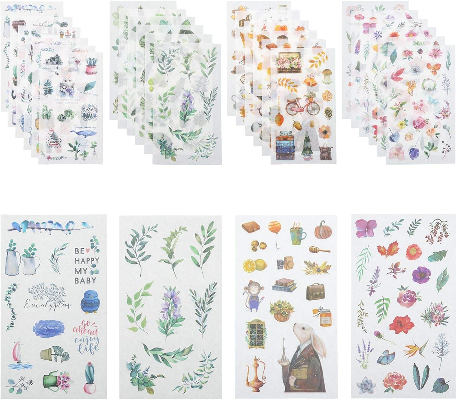 Firtink 288 Pcs Scrapbook Stickers - Inspirational & Motivational, Washi Flower, Plant & Animal Stickers, Cute Waterproof Decals for Planner, Album, Laptop, Computer & Water Bottle