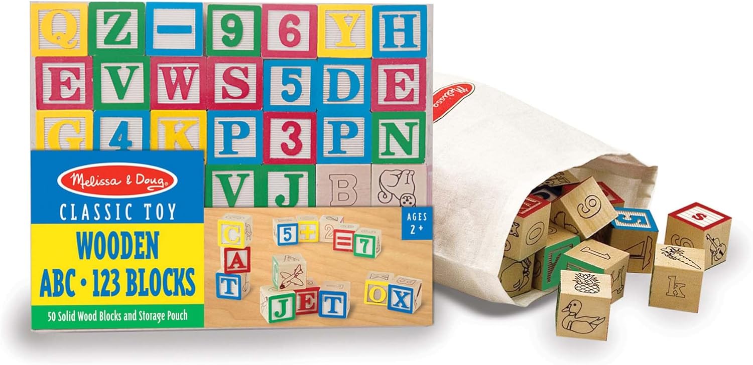 Melissa & Doug Deluxe Wooden ABC/123 1-Inch Blocks Set With Storage Pouch (50 pcs), Classic Letter And Number Wooden Blocks, For Toddlers And Kids Ages 2+