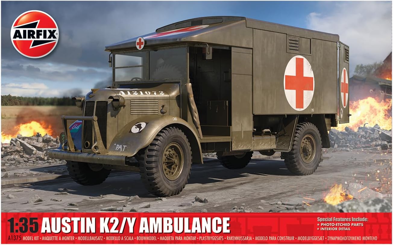 Airfix Model Set - A1375 Austin K2/Y Ambulance Model Kit - Plastic Motor Vehicle Model Building Kit for Adults & Children 8+, Set Includes Sprues & Decals - 1:35 Scale Model, Red
