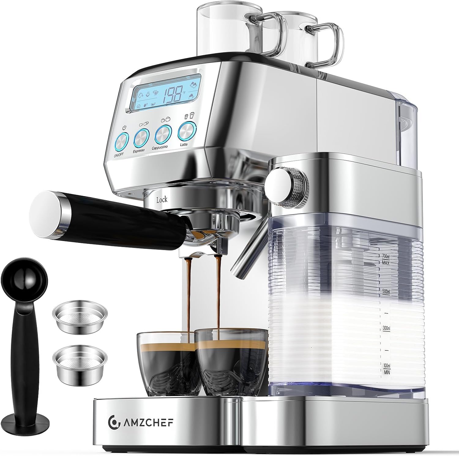 AMZCHEF Espresso Machine with LCD Display, 20 Bar Cappuccino Machines with Automatic Milk Frother for Home Gifts, Latte Coffee Maker with Dual Wall & Filters, Stainless Steel Style sliver