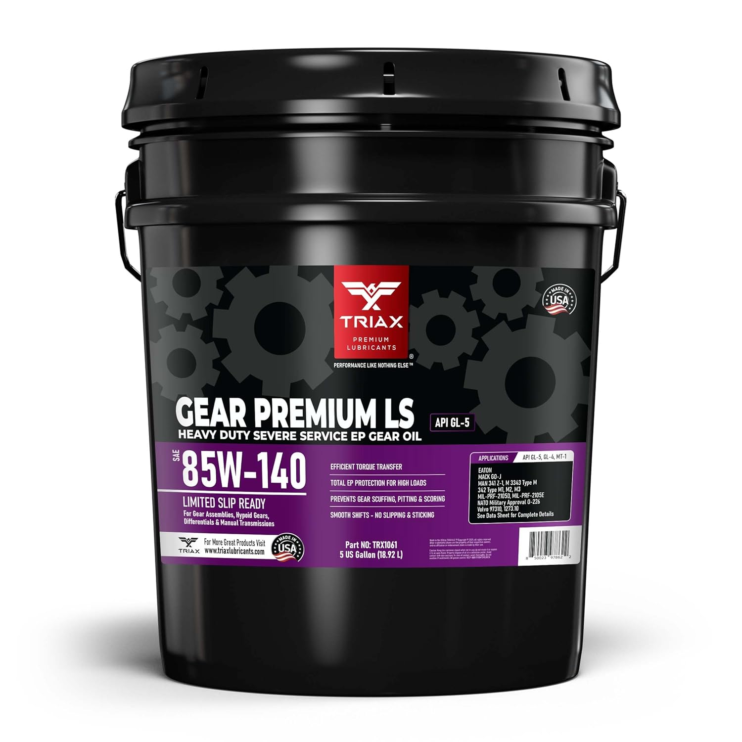 TRIAX Gear Premium LS 85W-140, GL-5 Limited Slip Ready, Manual Transmissions, Hypoid Gear Systems, Differentials, NATO Military Approved, Widest OEM Specification Range (5 Gallon Pail)