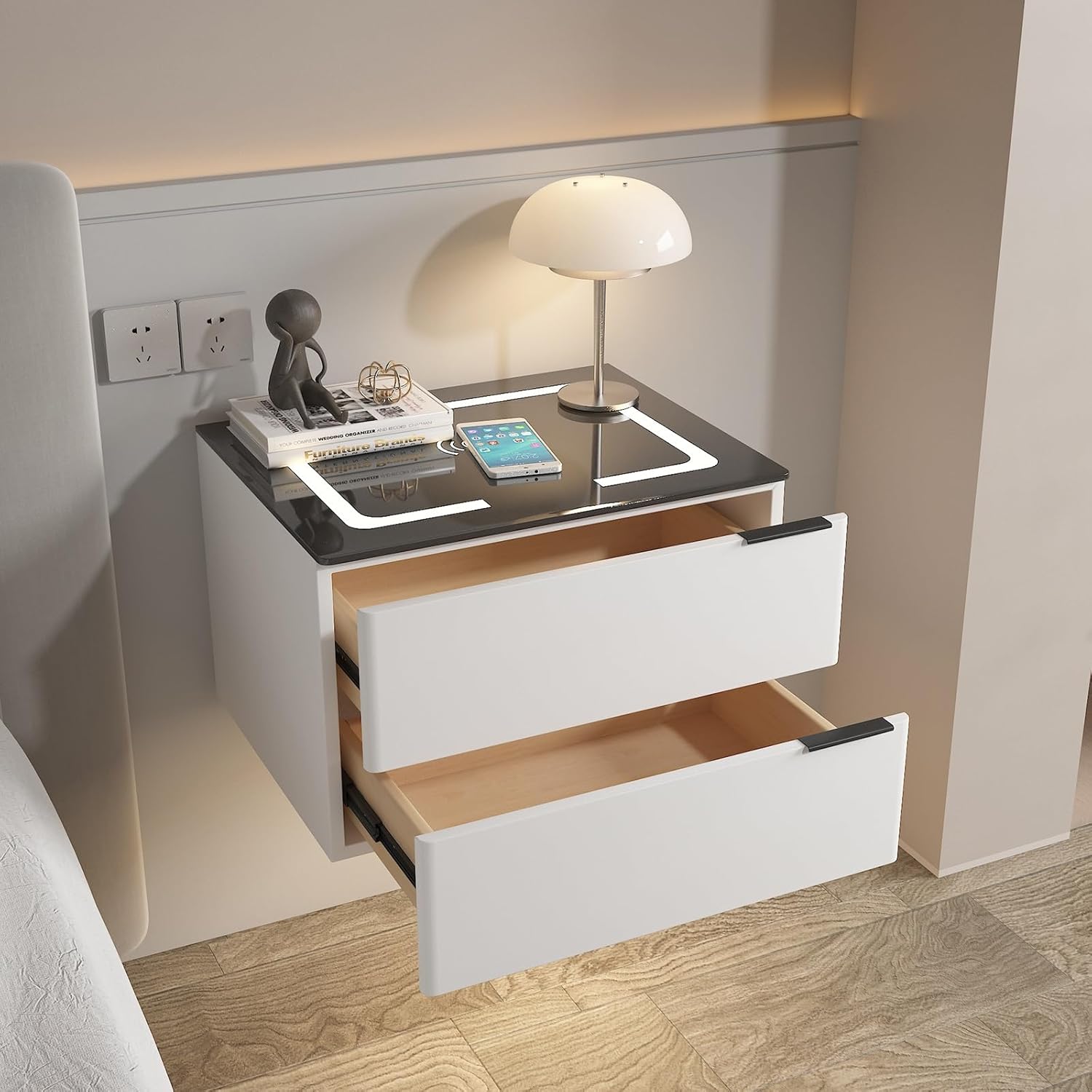 LLYLAFDC Floating Nightstand With Drawer, With Charging Station, High Gloss LED Nightstands,for Bedroom And Living Room(White,50 * 40 * 32cm)